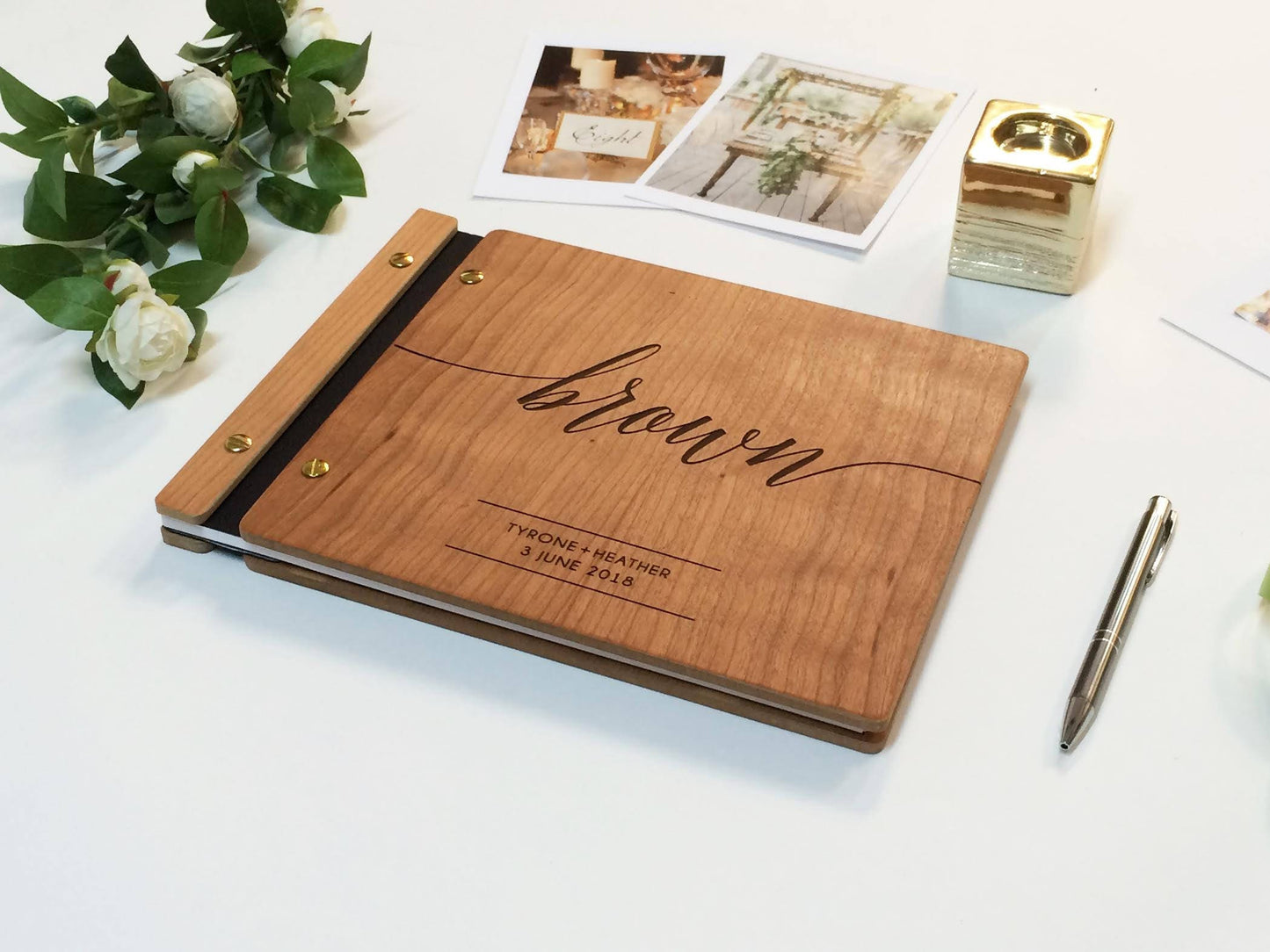 Wood Wedding Guest Book with Custom Engraving and Photo Booth Inserts