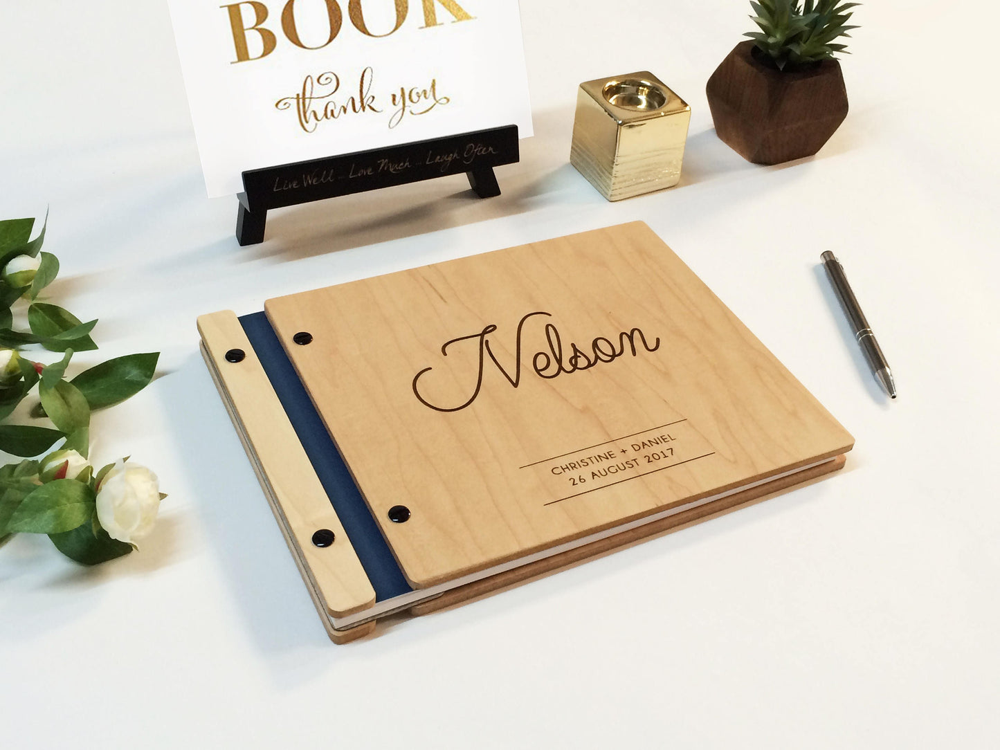 Wooden Wedding Guest Book Album - Custom Modern Keepsake Photo Album