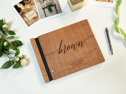Wood Wedding Guest Book with Custom Engraving and Photo Booth Inserts