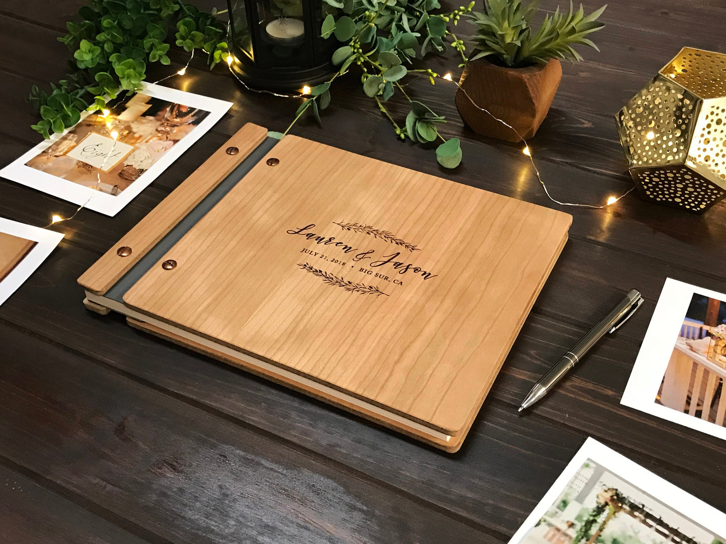 Floral/Leaves Wooden Wedding Guest Book, Personalized Guest Book, Wedding Decor, Wedding Album
