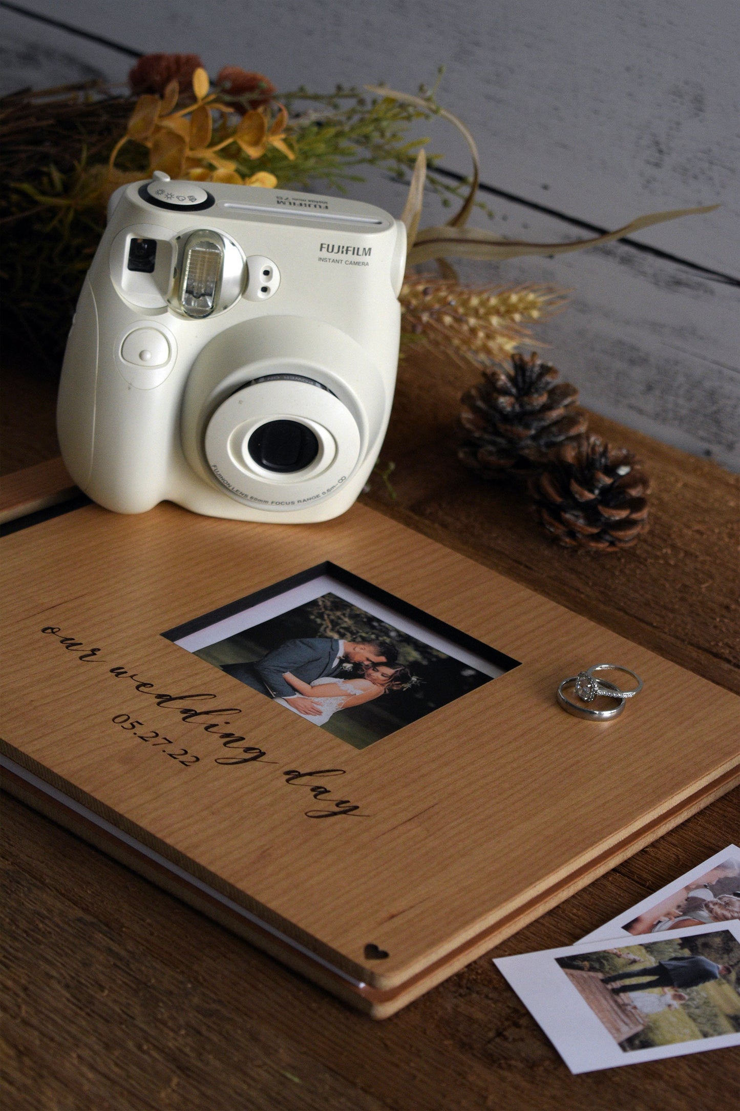 Square Cut Out Wooden Wedding Guest Book Design with Polaroid Photo Album - Engagement Album