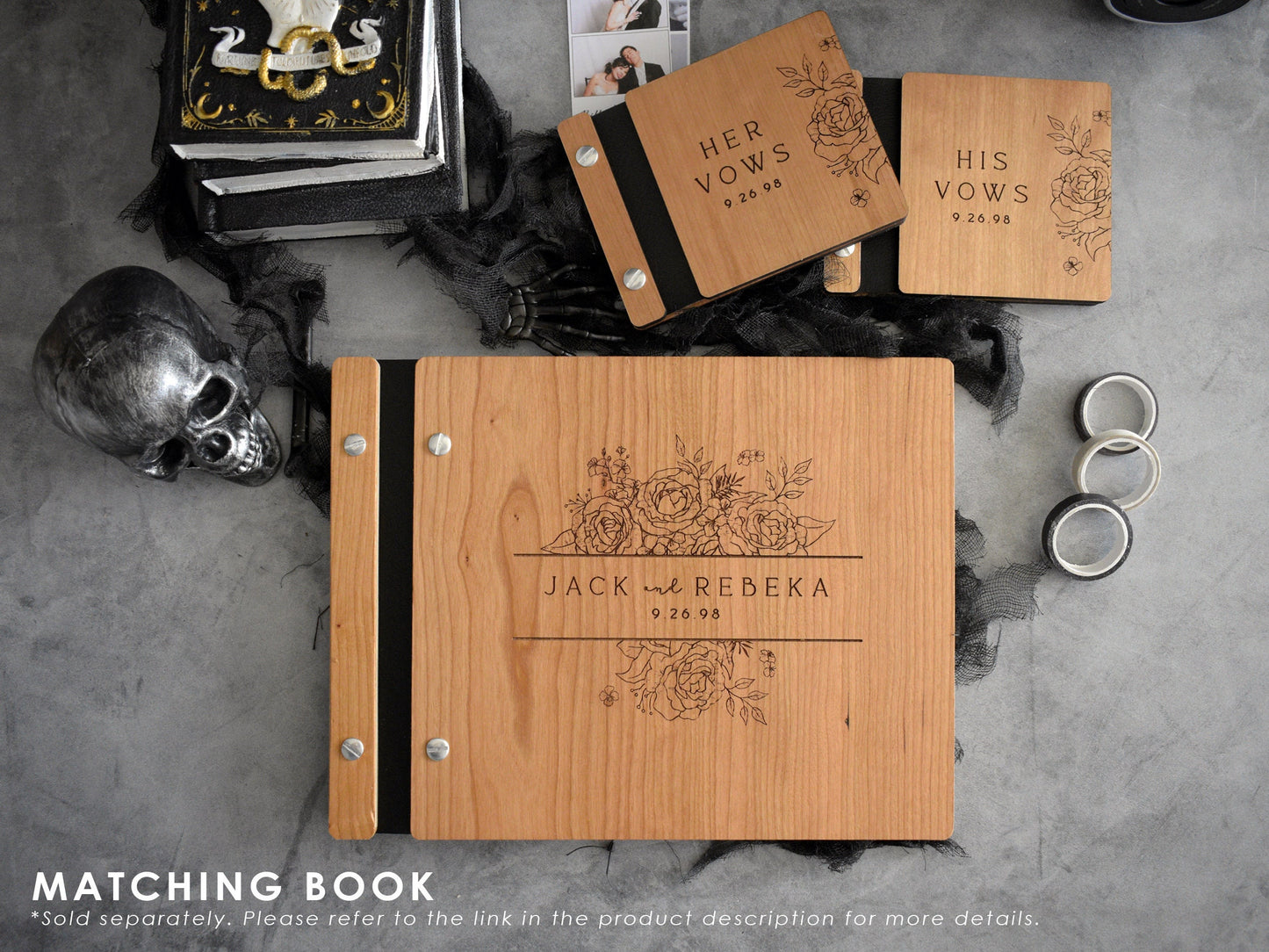 Gothic Wedding Wooden Vow Books, Rose Wedding Vow Book