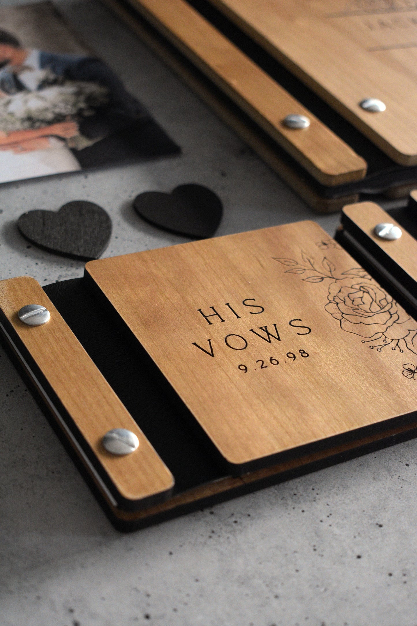 Gothic Wedding Wooden Vow Books, Rose Wedding Vow Book