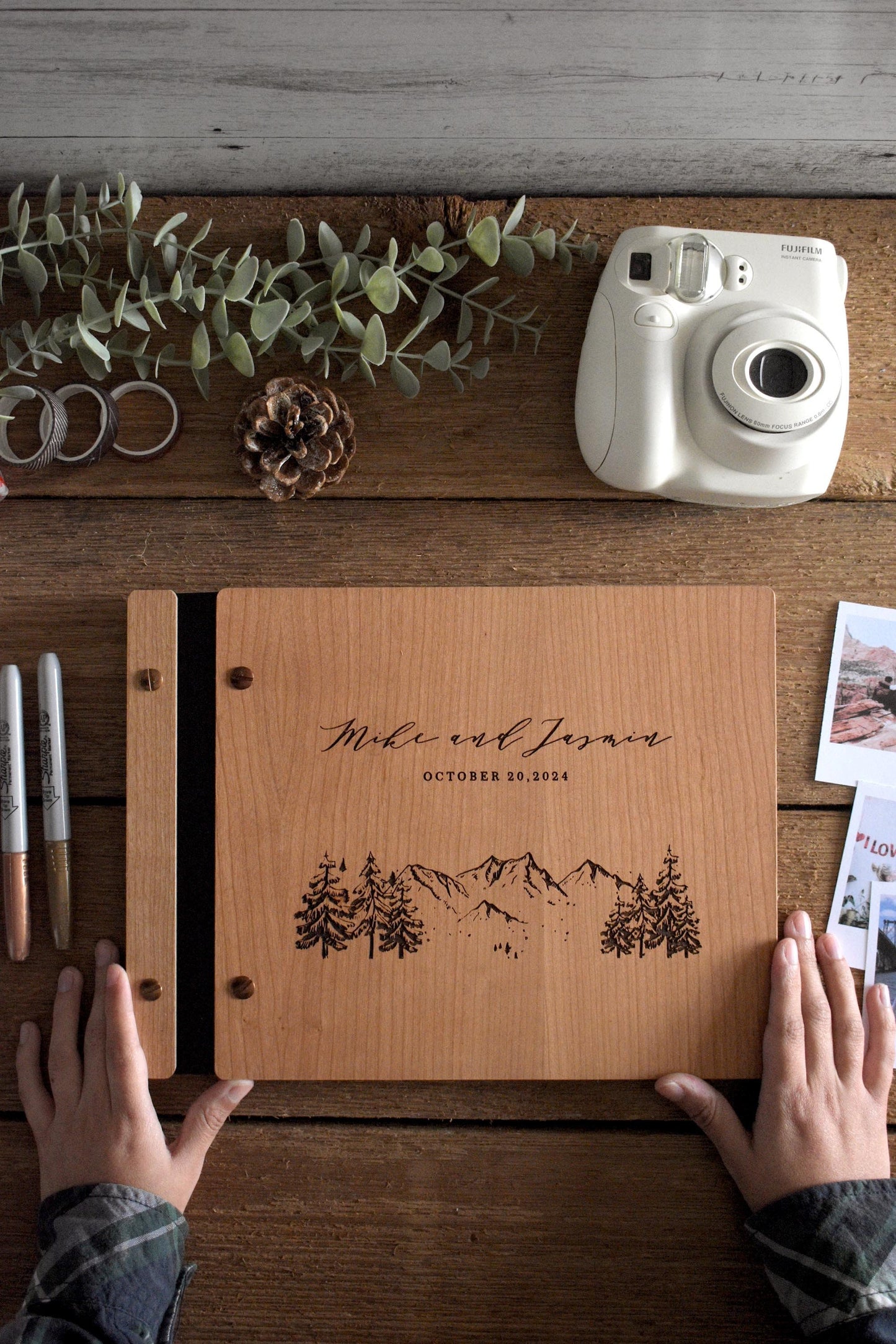 Mountain and Trees Design Wood and Photobooth Guestbook - Rustic Wedding Guest Book
