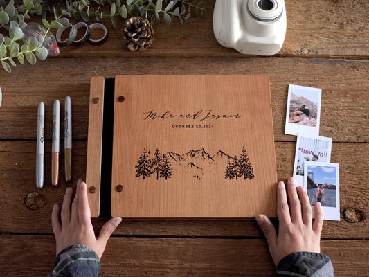Mountain and Trees Design Wood and Photobooth Guestbook - Rustic Wedding Guest Book