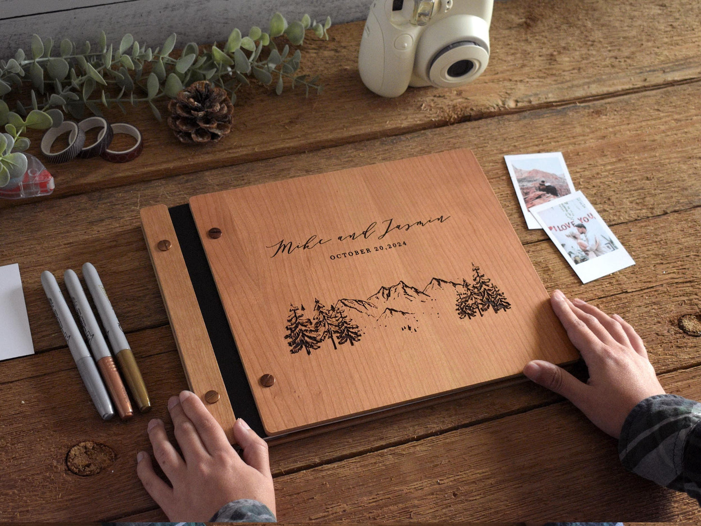 Mountain and Trees Design Wood and Photobooth Guestbook - Rustic Wedding Guest Book