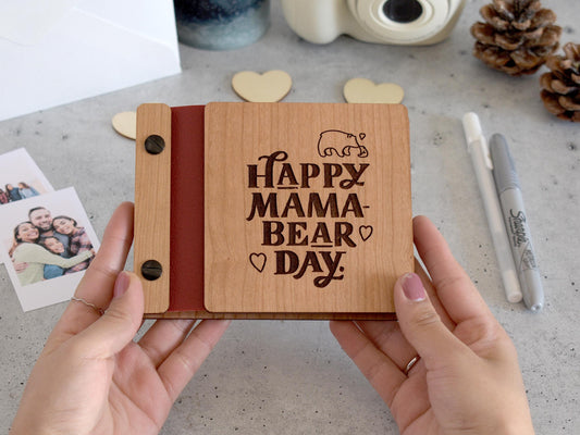 Make her day with a wooden 'Happy Mama-Bear Day' photo album – the sweetest Mother's Day gift!