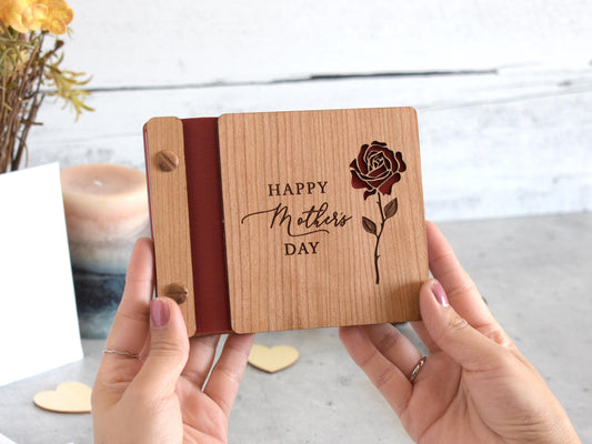 Elegant mini photo album with a rose engraving, a heartwarming gift for Mothers Day.