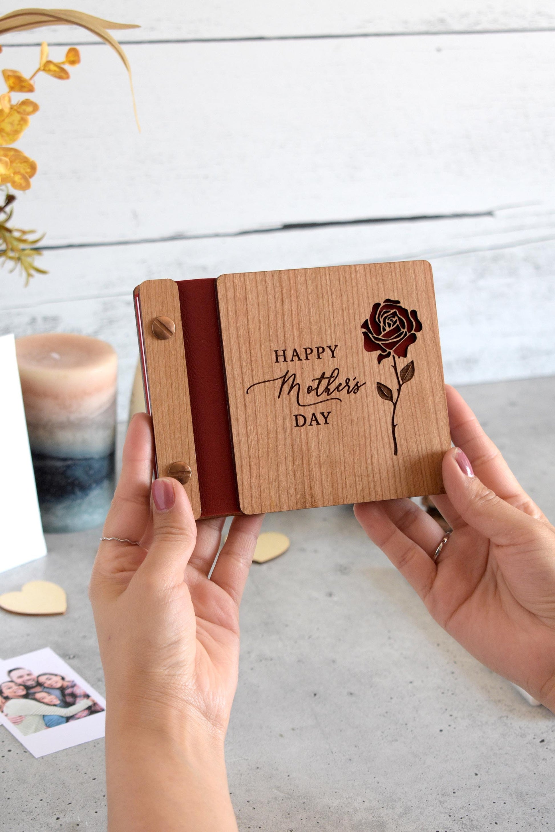 Personalized wooden photo album for Mother Day - a rose-adorned token of love and memories.