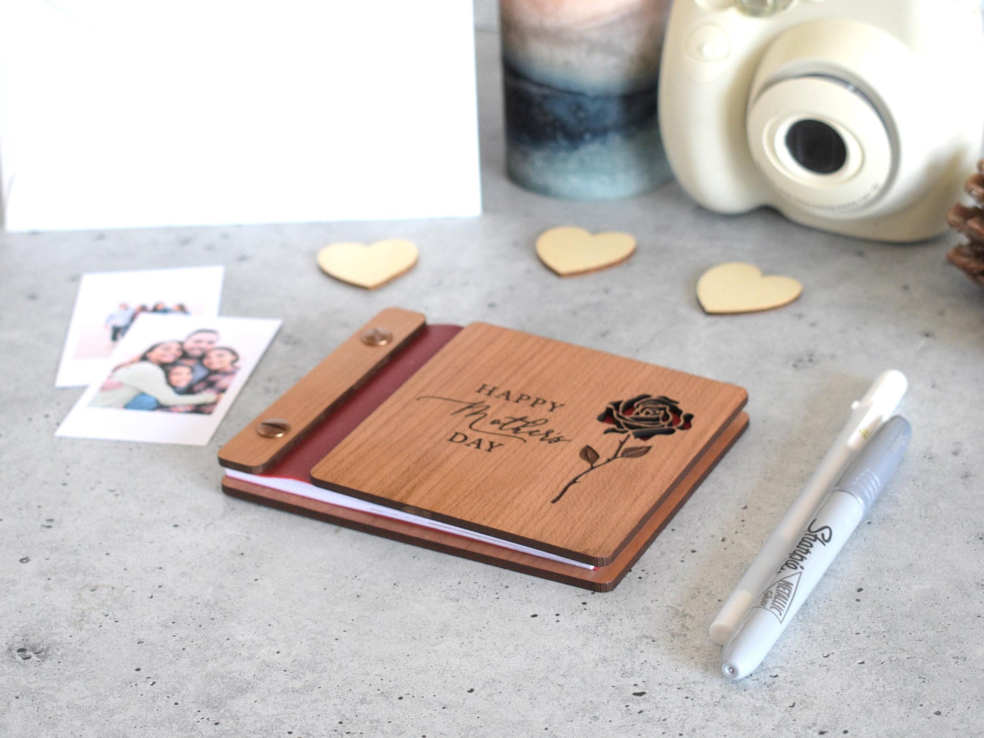 Wooden Happy Mothers Day engraved photo book - capture special moments in this petite keepsake.