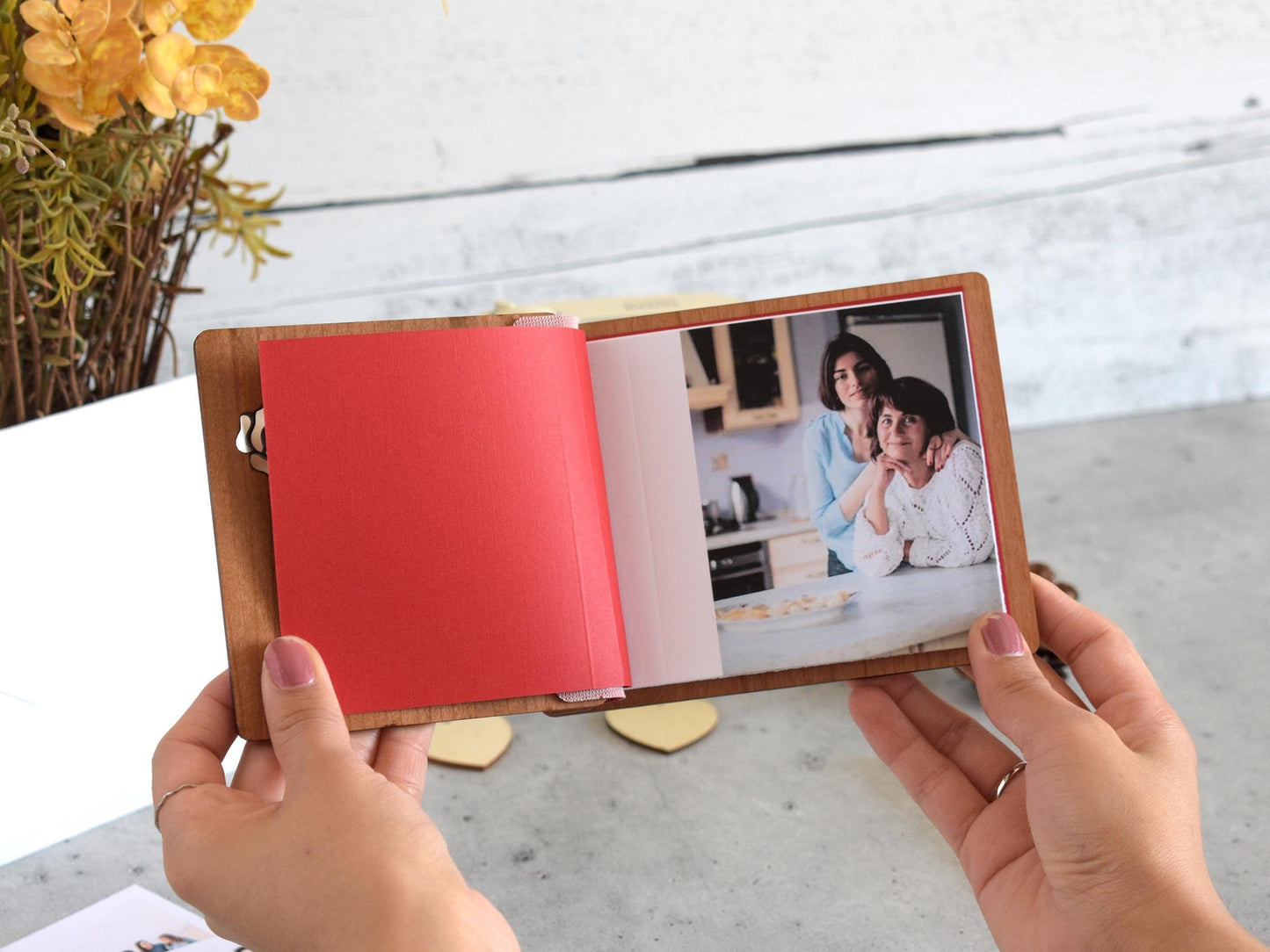 Handheld Happy Mothers Day; wooden photo book with rose detail - perfect for cherishing memories.