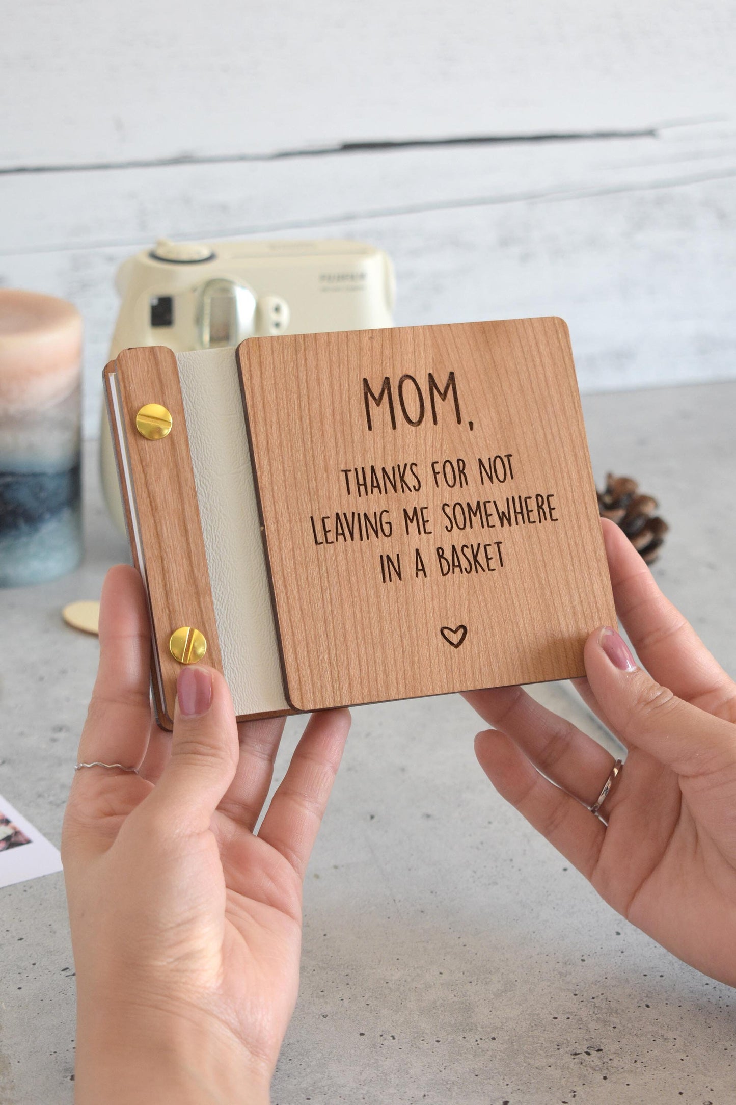 Mothers Day wooden album with a twist - a playful gift to show Mom your gratitude.