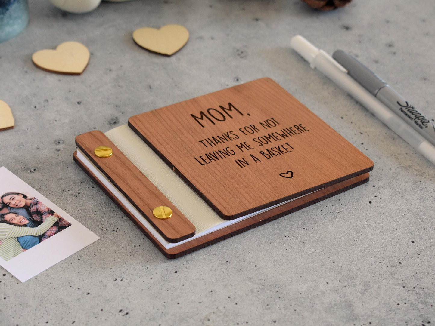 Cheeky wooden photo album for Mom - a unique keepsake to say thanks on Mothers Day.