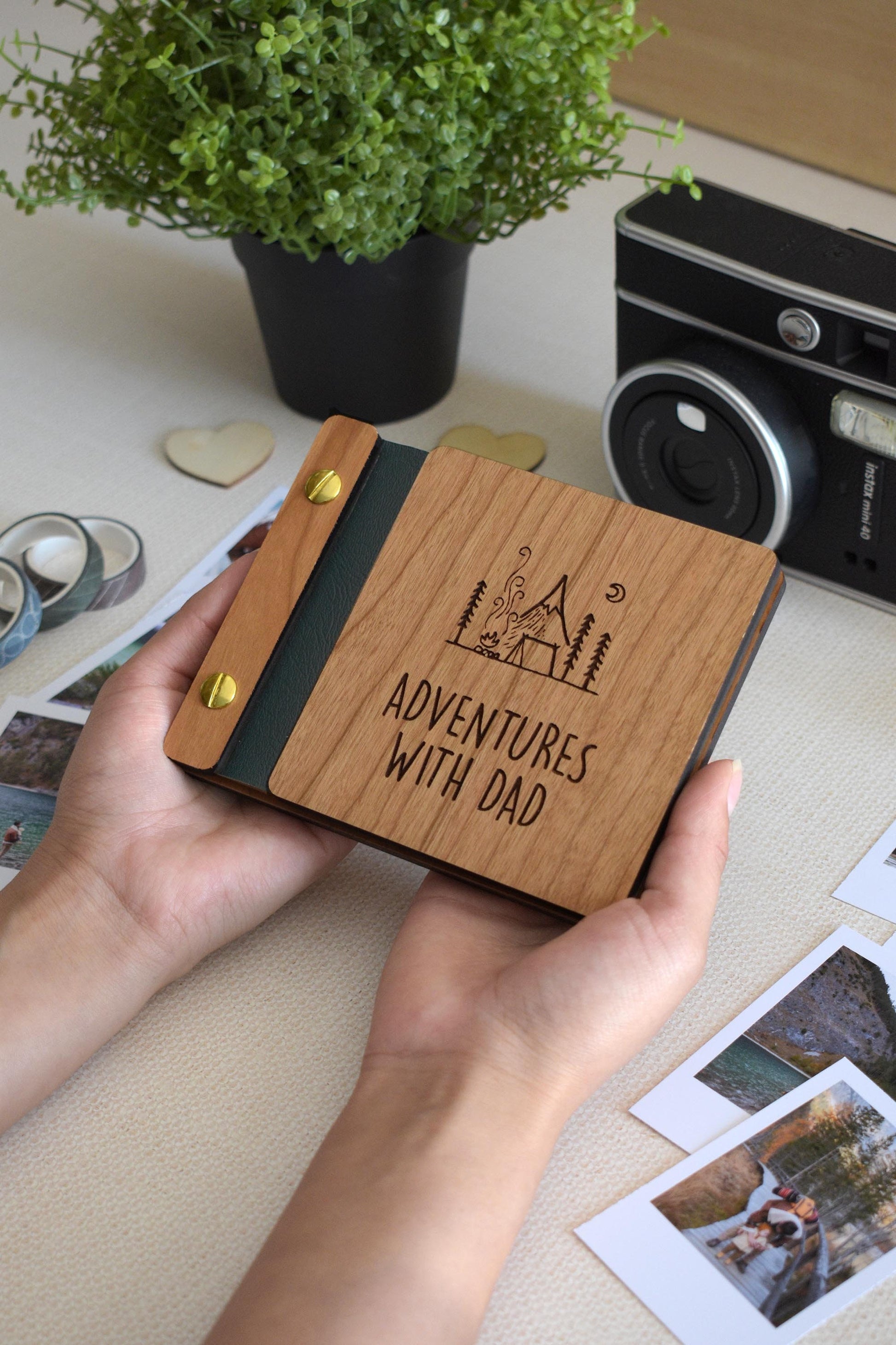 Handcrafted Mini Keepsake polaroid Photo Book With A Wooden Cover And Customizable Engraving, Perfect For Father's Day. This Unique Gift For Dad Features The Message adventures with dad And Is An Ideal Father's Day Gift For Him.
