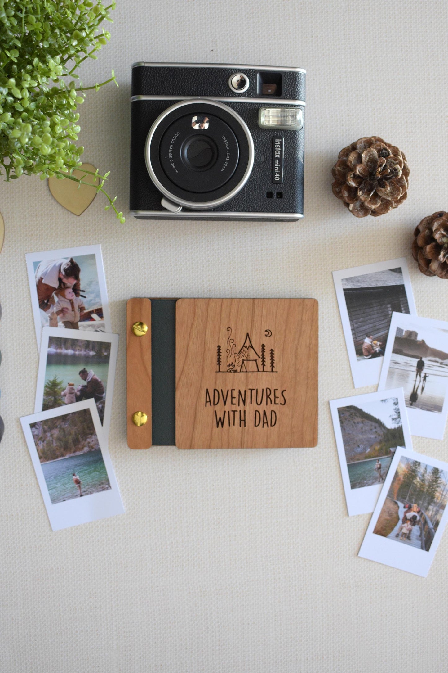 Handcrafted Mini Keepsake polaroid Photo Book With A Wooden Cover And Customizable Engraving, Perfect For Father's Day. This Unique Gift For Dad Features The Message adventures with dad And Is An Ideal Father's Day Gift For Him.