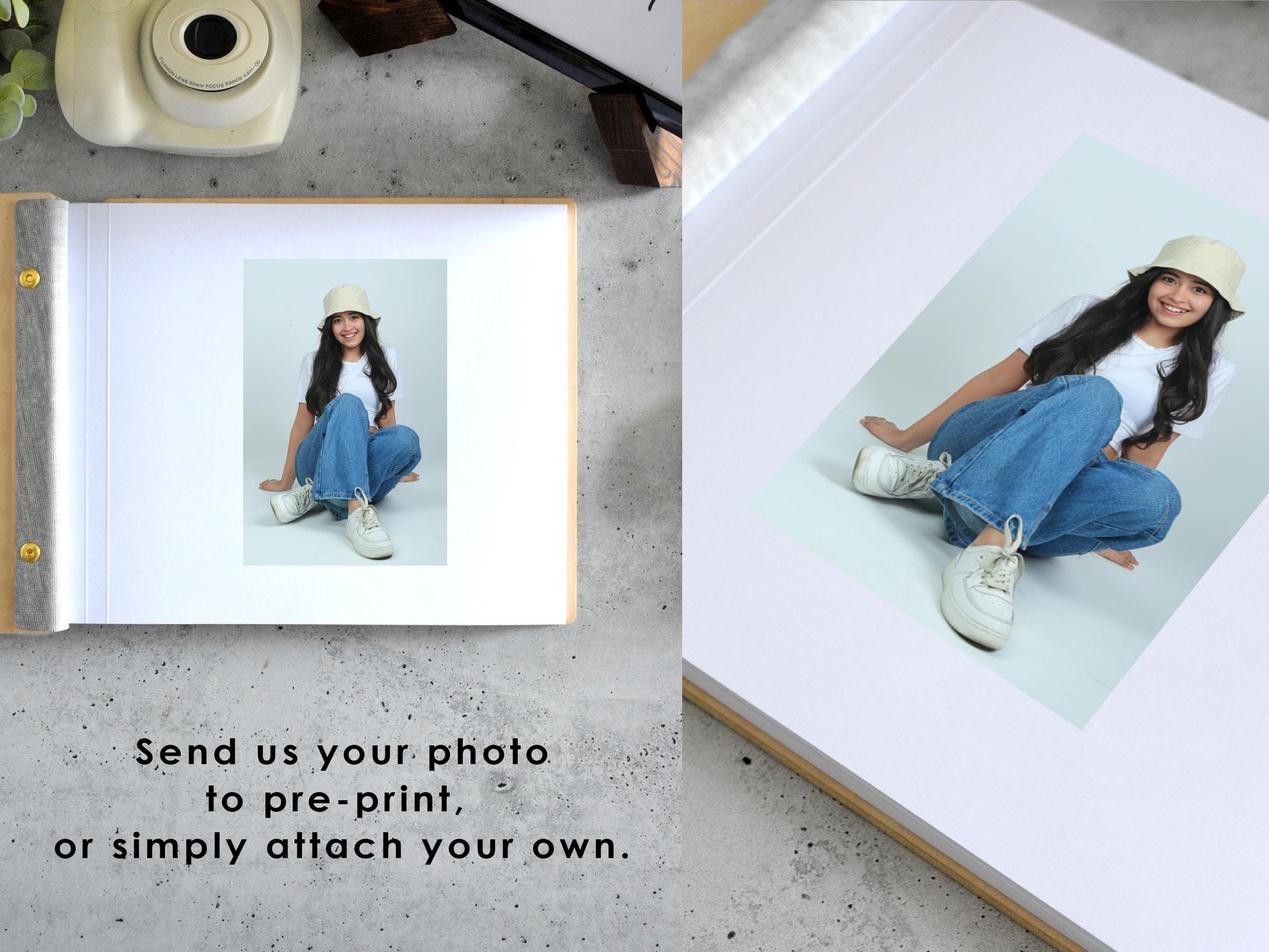An 8.5x11 inch guest book lies open on a glass table as a female wedding guest signs their name and issues handwritten messages underneath photobooth strips in order to congratulate the newlyweds.