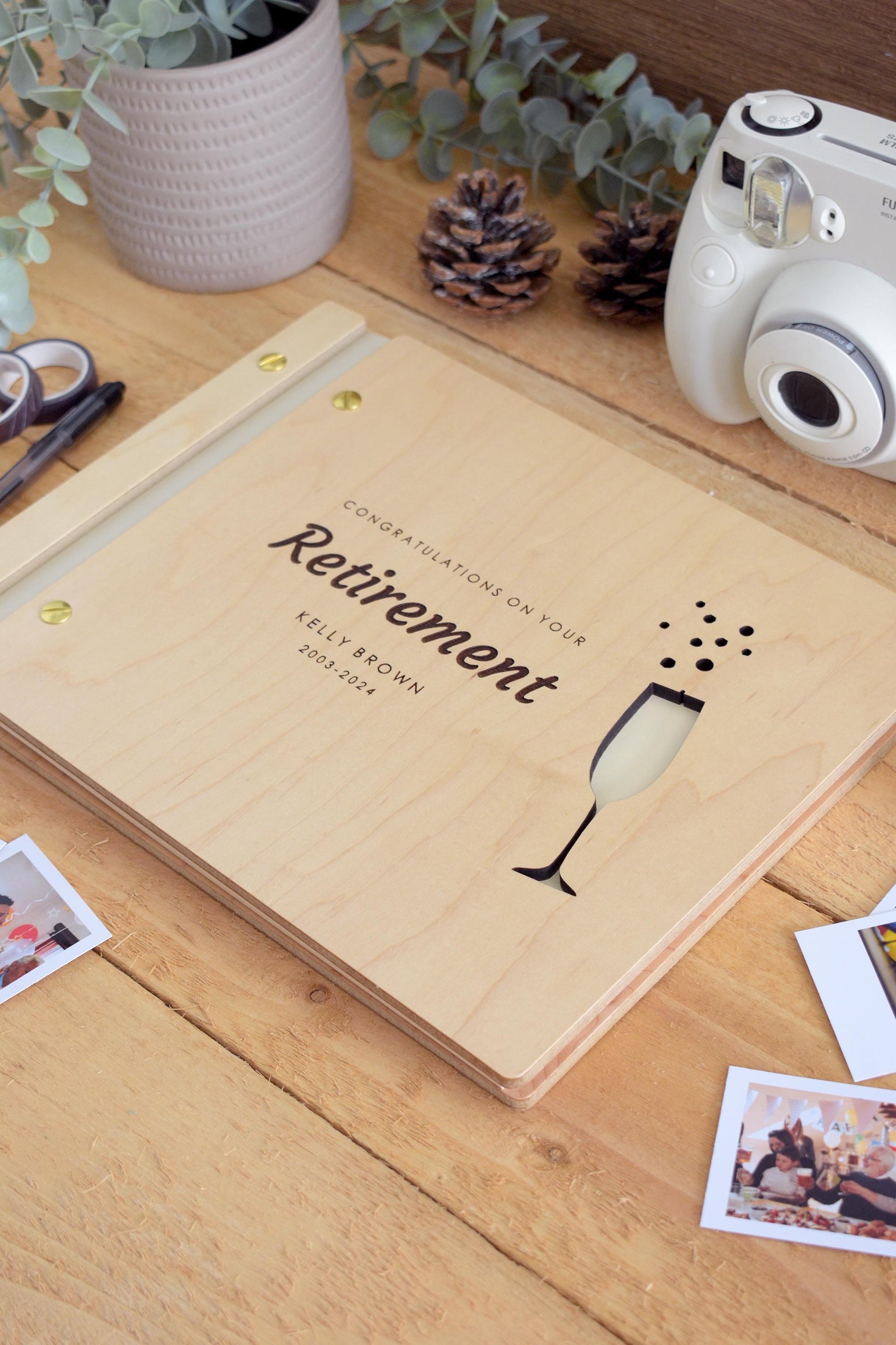 Congratulations on your Retirement Memory Book, Personalized Retirement Gift for Him or Her,  Wooden Album, sign in book, champagne design