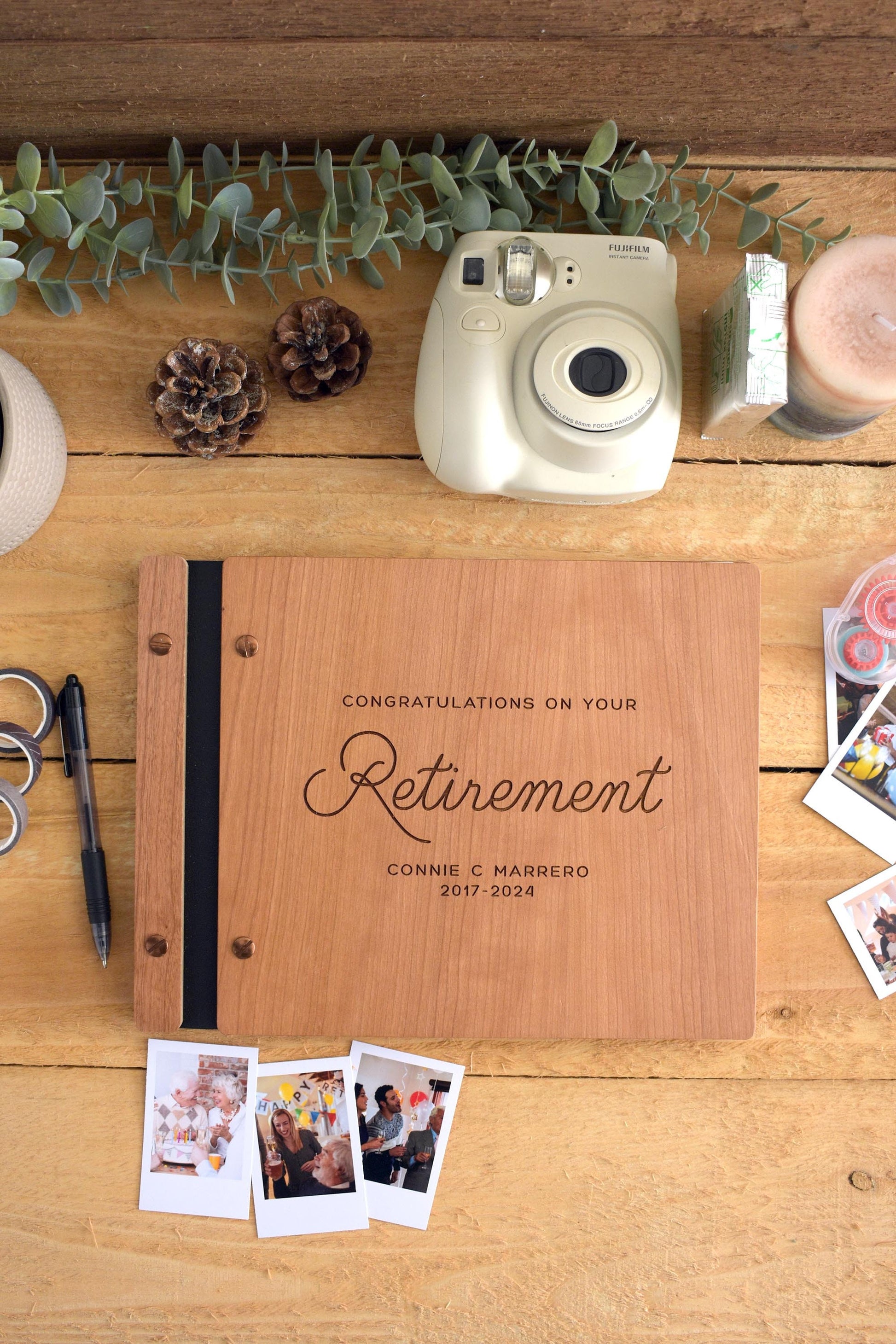 Congratulations on your Retirement Memory Book, Personalized Retirement Gift for Him or Her,  Wooden Album, sign in book