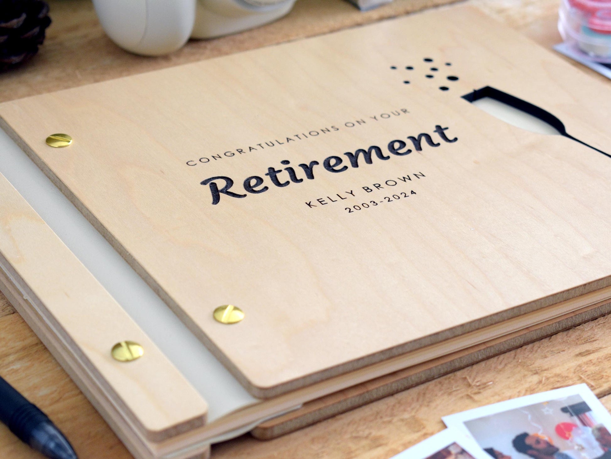 Congratulations on your Retirement Memory Book, Personalized Retirement Gift for Him or Her,  Wooden Album, sign in book, champagne design