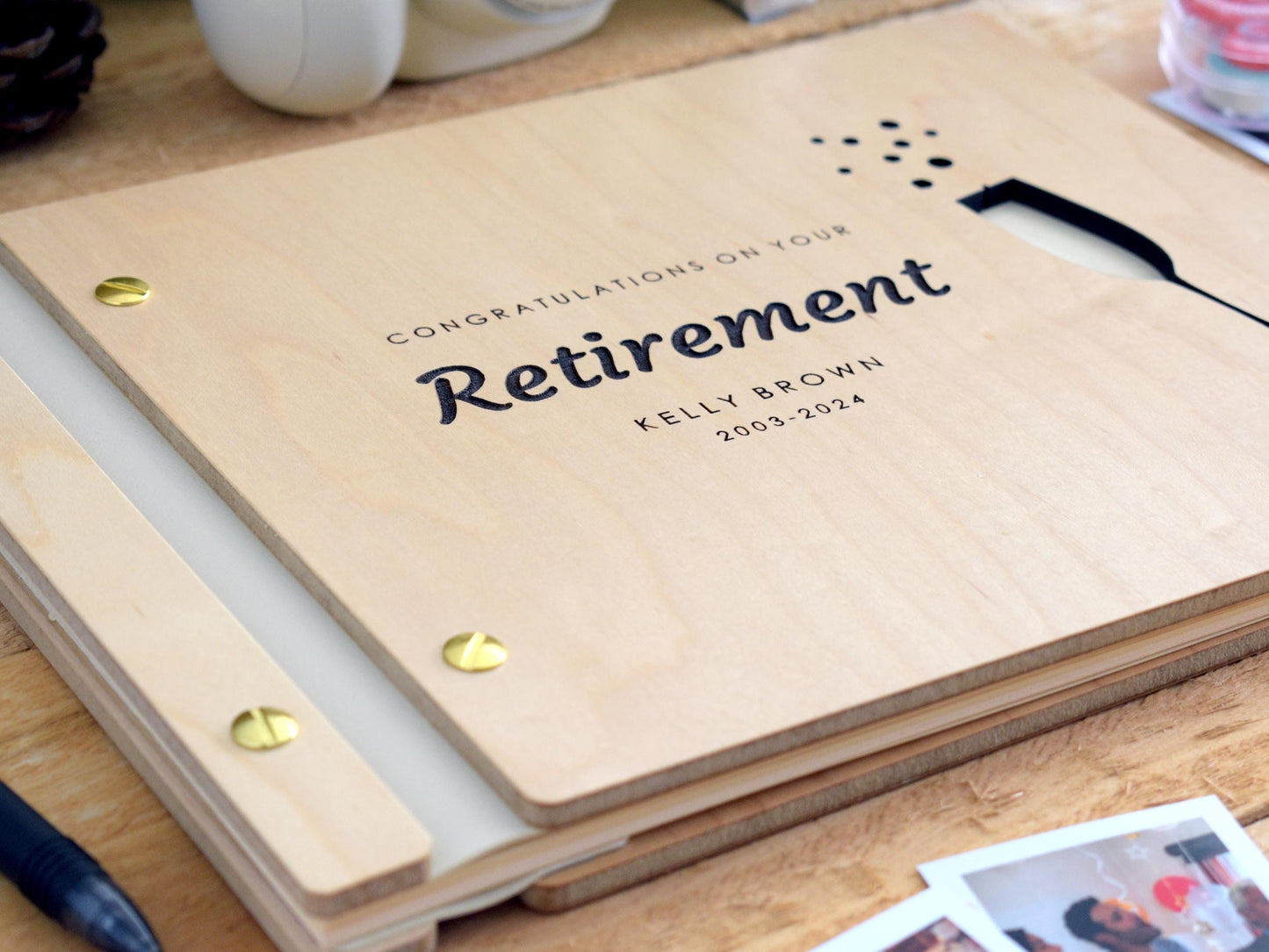 Congratulations on your Retirement Memory Book, Personalized Retirement Gift for Him or Her, Wooden Album, sign in book, champagne design