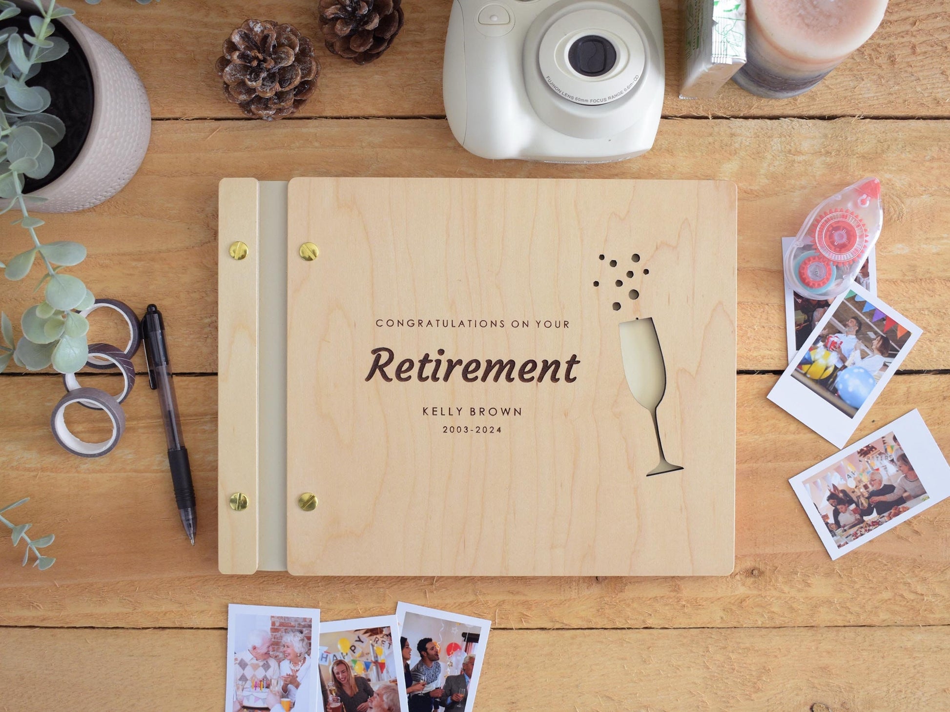 Congratulations on your Retirement Memory Book, Personalized Retirement Gift for Him or Her,  Wooden Album, sign in book, champagne design
