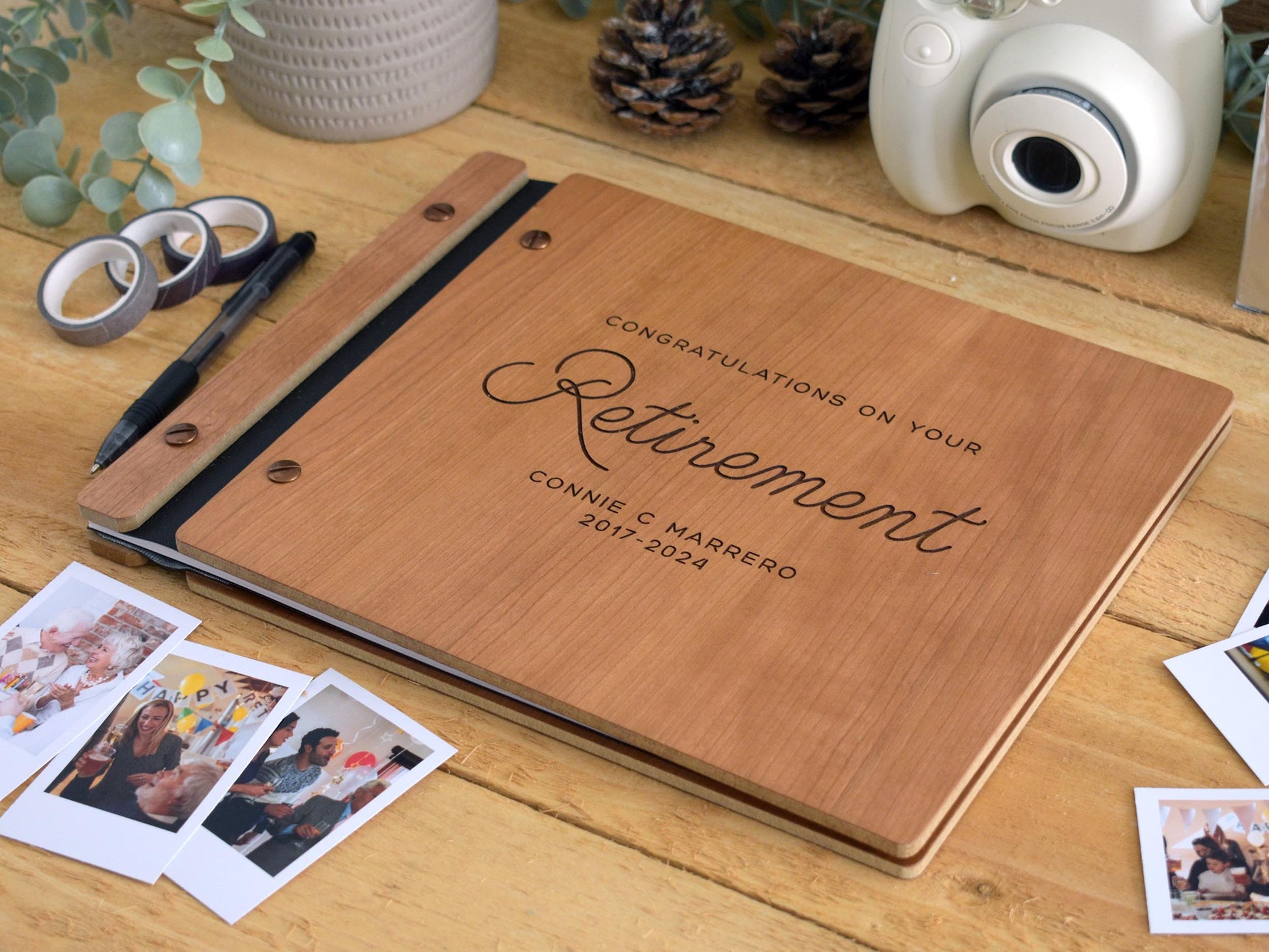 Congratulations on your Retirement Memory Book, Personalized Retirement Gift for Him or Her,  Wooden Album, sign in book