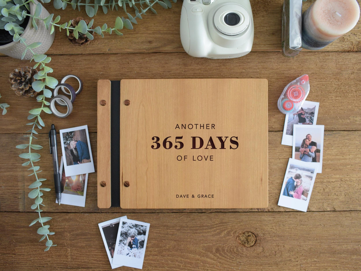 Wooden anniversary scrapbook titled Another 365 Days of Love personalized with names. Perfect gift for 1st or 5th anniversary, featuring a wood cover for photo memories and special moments. Ideal for fifth wood anniversary celebrations