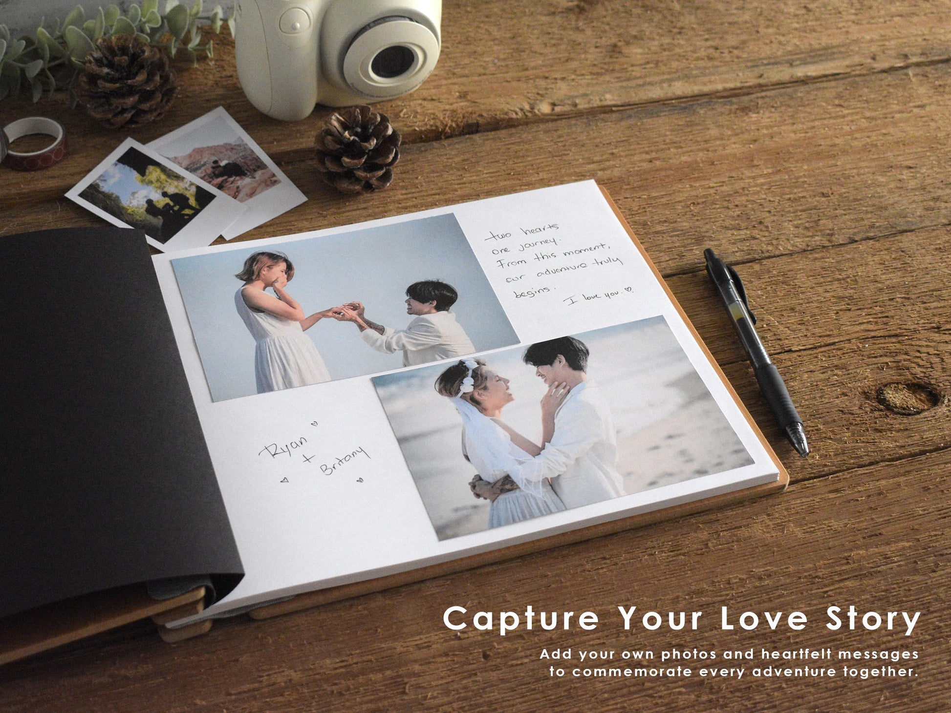 Wooden anniversary scrapbook titled Another 365 Days of Love personalized with names. Perfect gift for 1st or 5th anniversary, featuring a wood cover for photo memories and special moments. Ideal for fifth wood anniversary celebrations