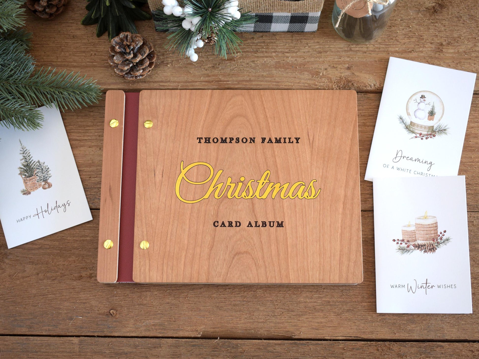 Custom Christmas Card Album, Gold Foil Christmas Memory Book, Wooden Christmas Photo Album, Family Christmas Gift, Holiday Guest book