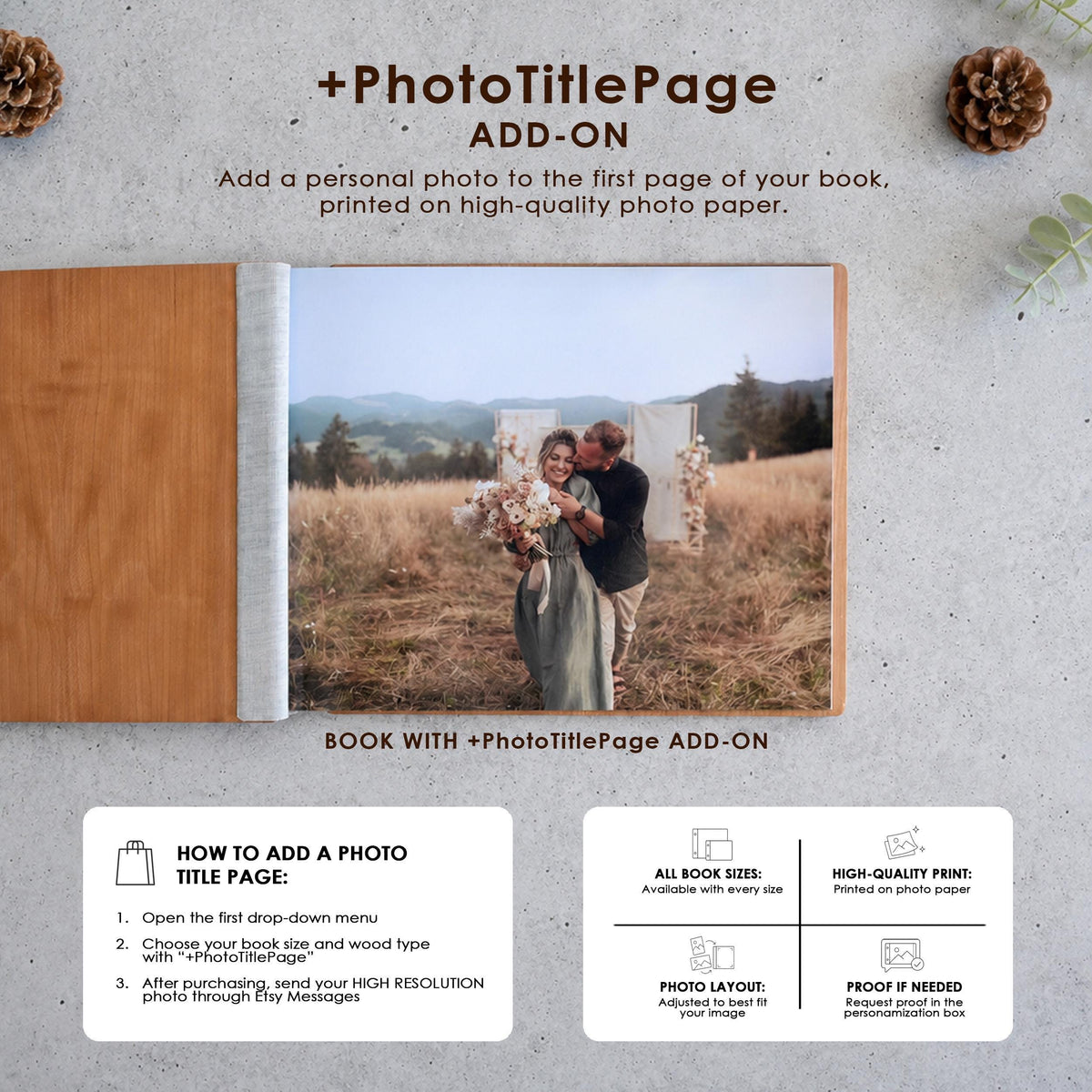 a couple standing in a field, with a book titled "PhotoTitlePage" in the foreground.