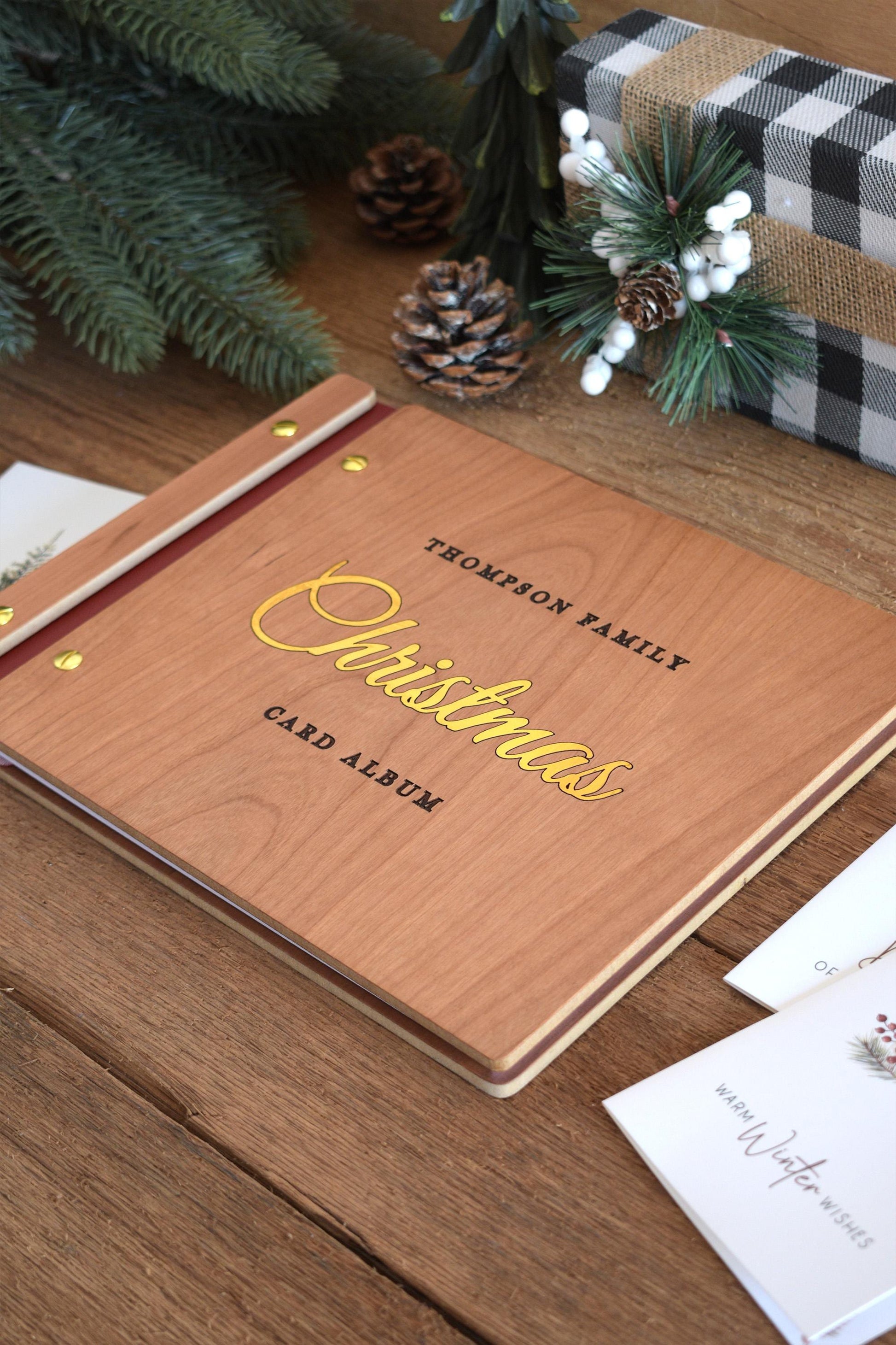 Custom Christmas Card Album, Gold Foil Christmas Memory Book, Wooden Christmas Photo Album, Family Christmas Gift, Holiday Guest book