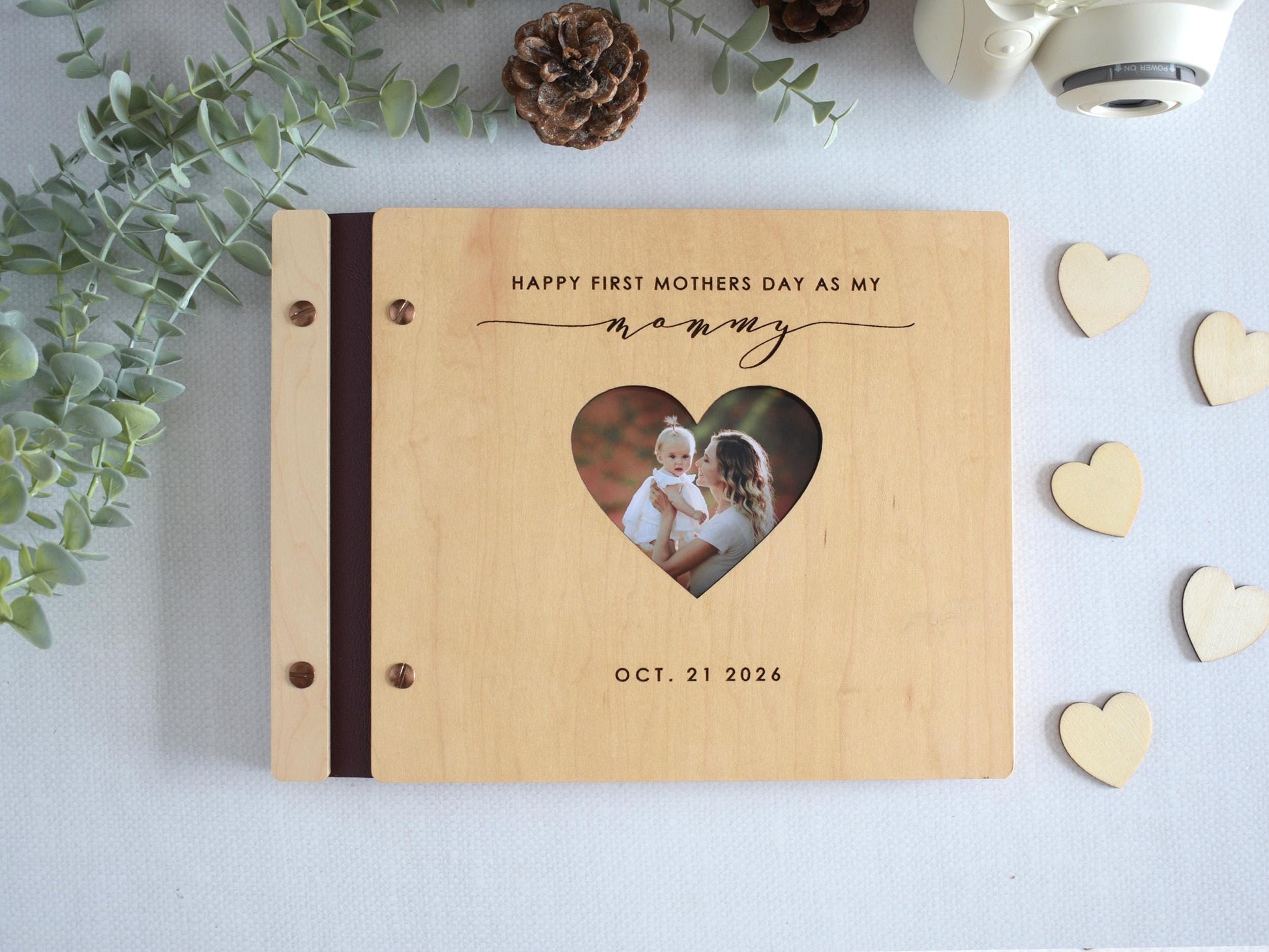 Custom Engraved First Mothers Day Scrapbook, Mom Journal, Wooden Photo Memory Book, New Mom Gift