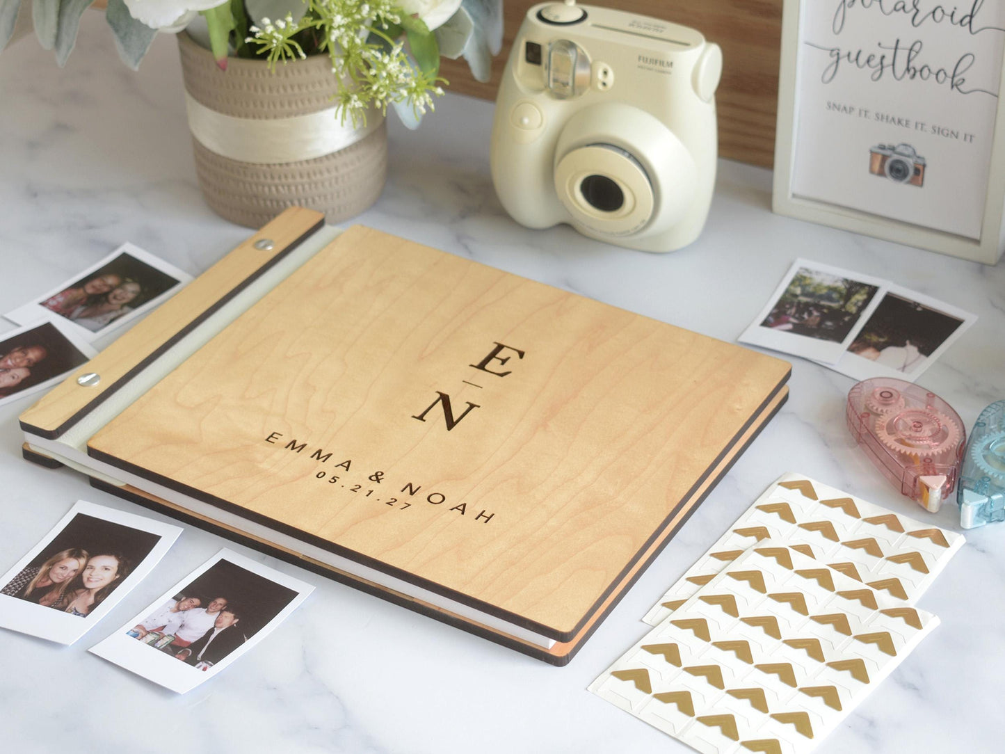 Personalized Engraved Wooden Wedding Guest Book, Polaroid Photo Album