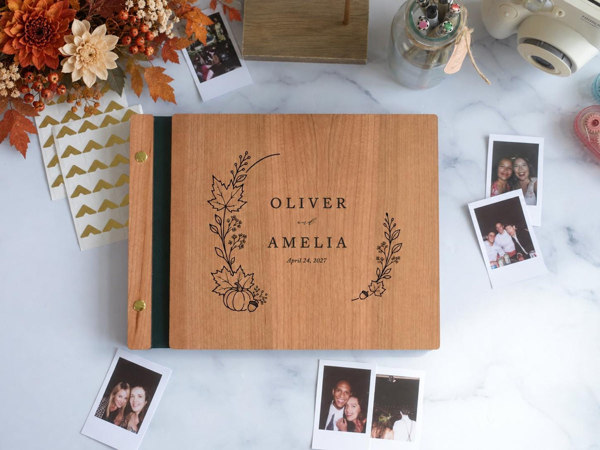 Elegant Fall Wedding Guest Book - Personalized Engraved Wooden Book, Polaroid Photo Album, Autumn Wedding Album