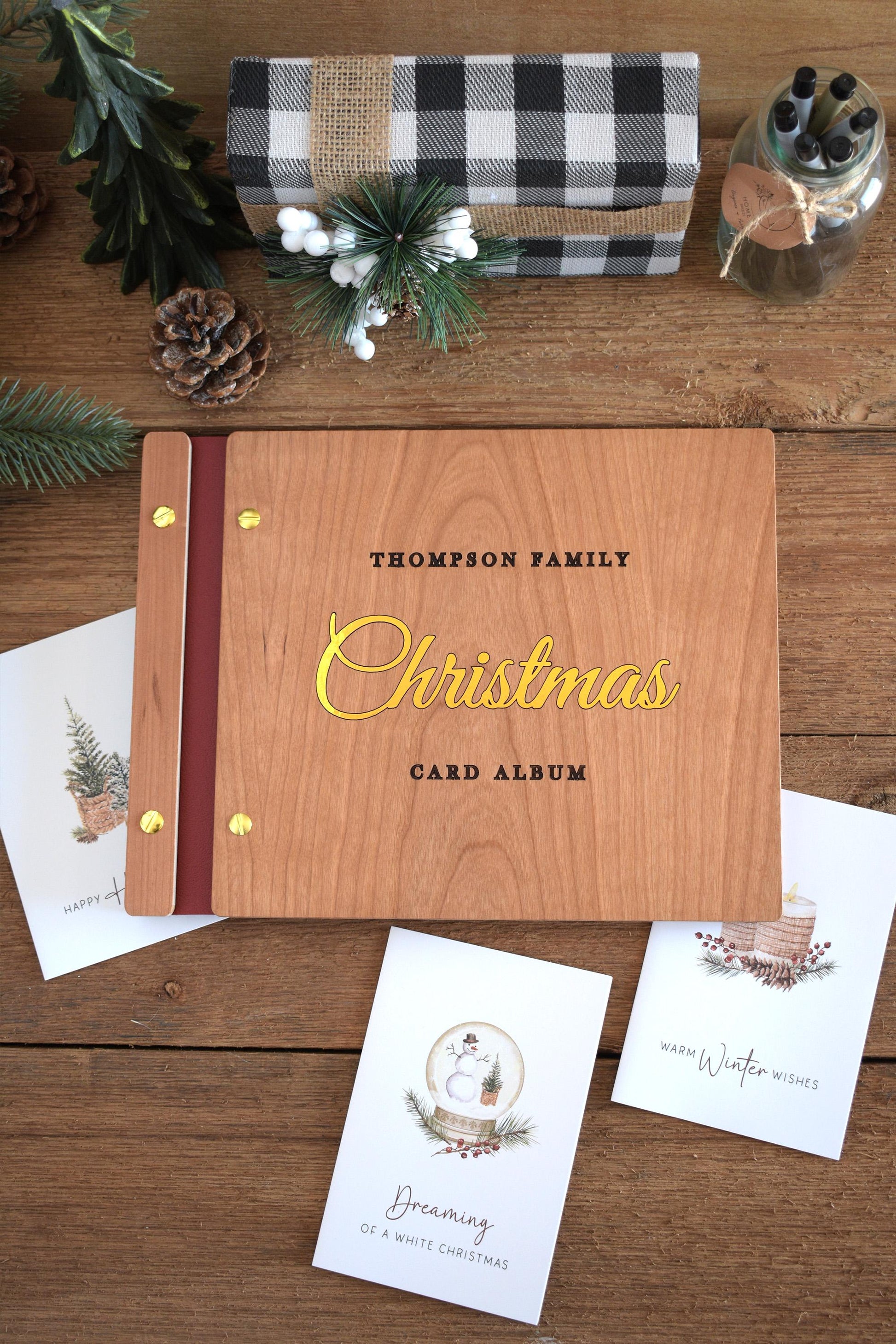 Custom Christmas Card Album, Gold Foil Christmas Memory Book, Wooden Christmas Photo Album, Family Christmas Gift, Holiday Guest book