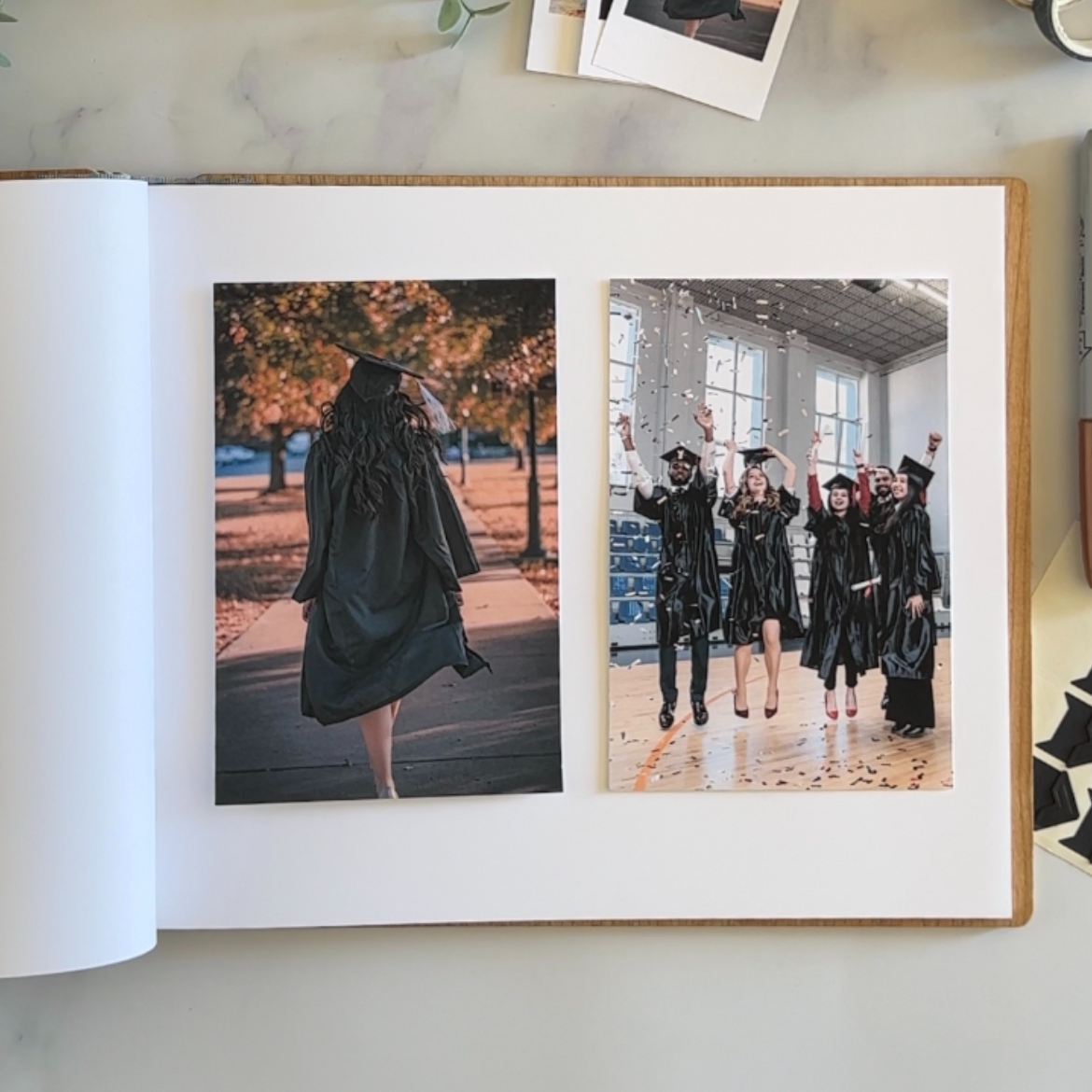 two photographs. The left photograph shows a person walking on a path, wearing a black graduation gown and cap. The right photograph depicts a group of people in graduation gowns and caps, celebrating with raised arms and confetti falling around them.