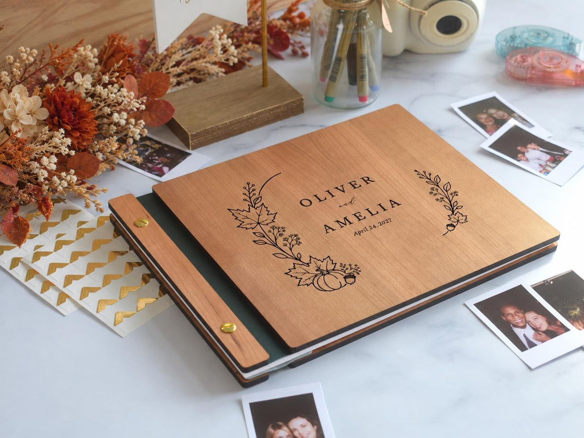 Elegant Fall Wedding Guest Book - Personalized Engraved Wooden Book, Polaroid Photo Album, Autumn Wedding Album