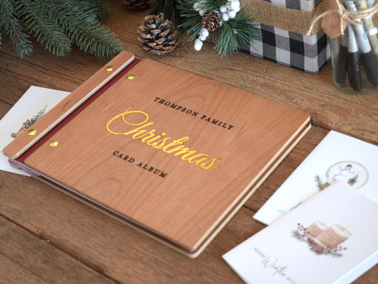 Custom Christmas Card Album, Gold Foil Christmas Memory Book, Wooden Christmas Photo Album, Family Christmas Gift, Holiday Guest book