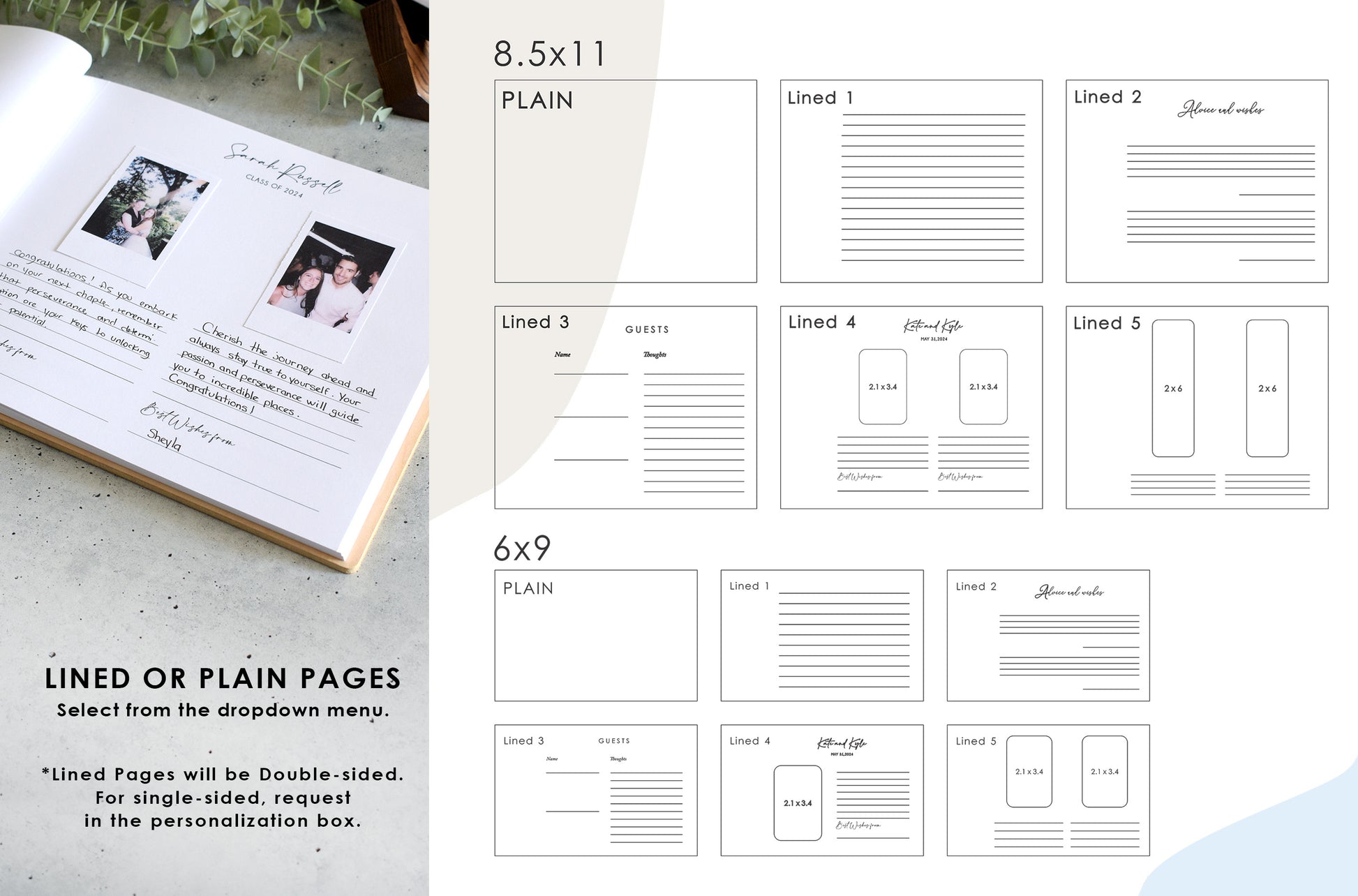 The image is a collage of various pages from a book or document, each with different layouts and designs. The text provides information about the pages, including their sizes and the types of layouts they feature.