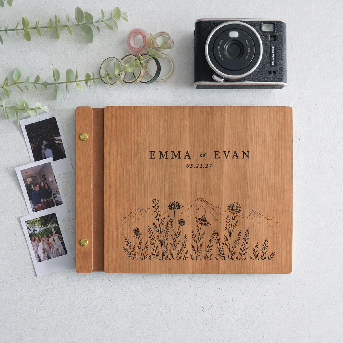 Wildflower Mountain Wedding Guest Book, Personalized Engraved Wooden GuestBook, Rustic Wedding Album, Polaroid Photo Guestbook