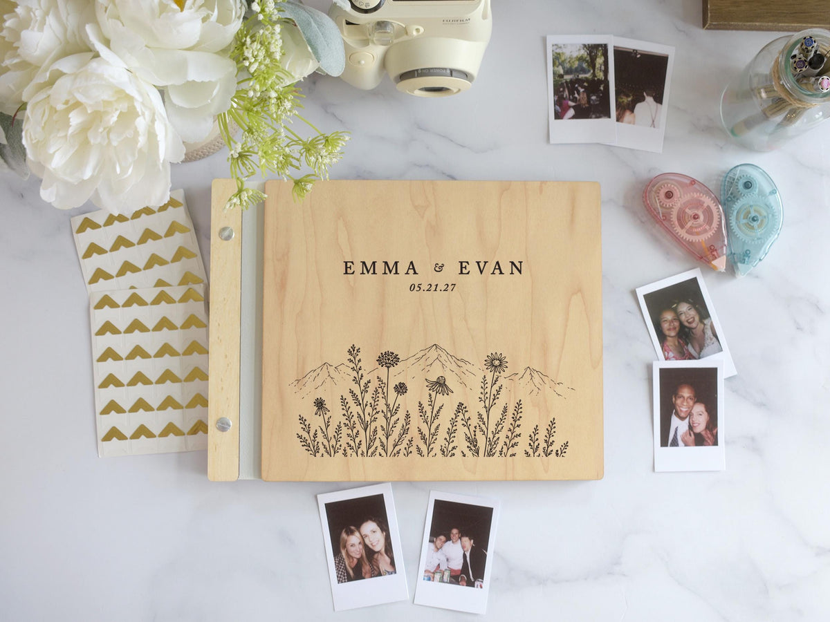 Wildflower Mountain Wedding Guest Book, Personalized Engraved Wooden GuestBook, Rustic Wedding Album, Polaroid Photo Guestbook