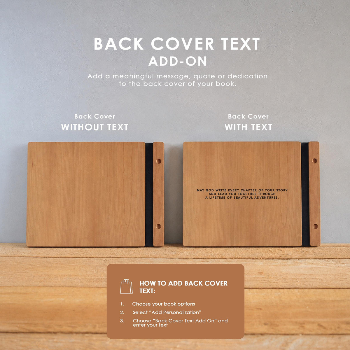 two wooden back cover books with text on them, placed on a wooden surface.