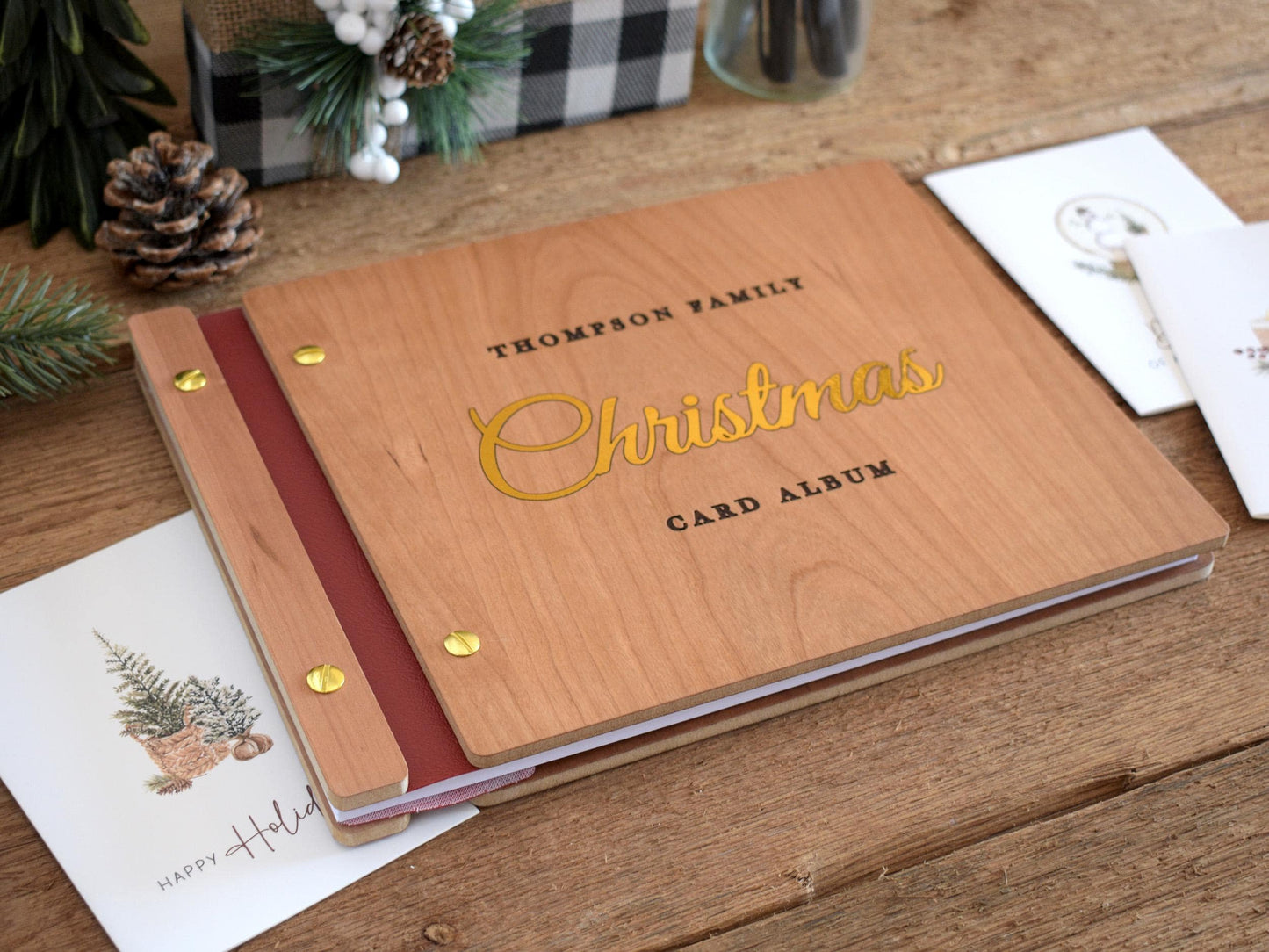 Custom Christmas Card Album, Gold Foil Christmas Memory Book, Wooden Christmas Photo Album, Family Christmas Gift, Holiday Guest book