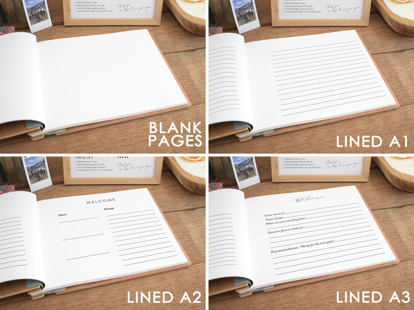 The image is a collage of four photos showing different pages of a book or notebook with blank pages, lined pages, and a welcome page.