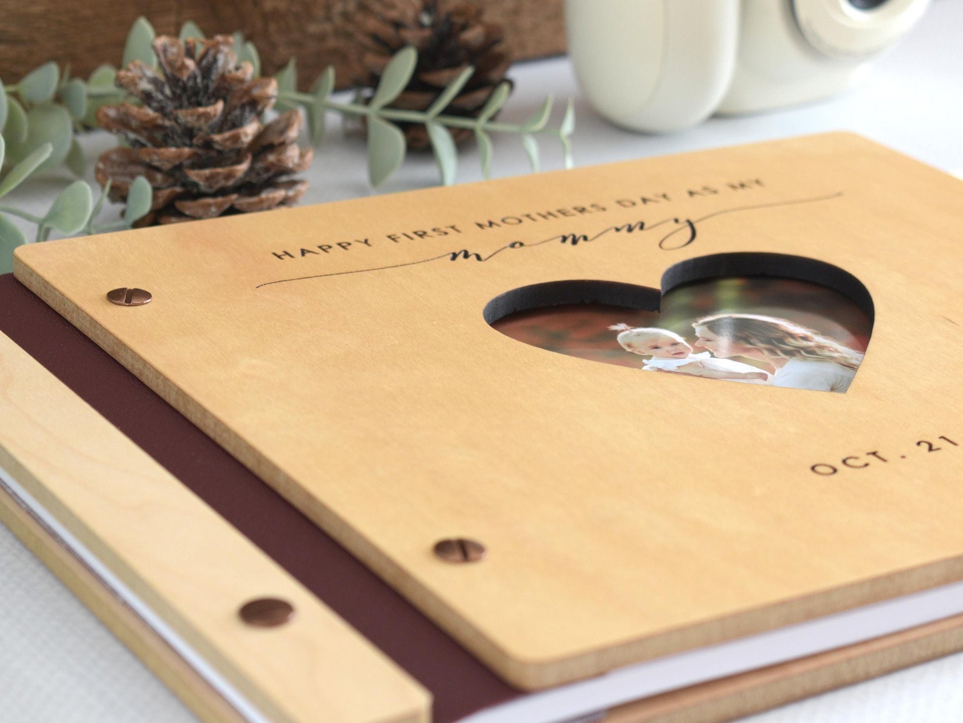 Custom Engraved First Mothers Day Scrapbook, Mom Journal, Wooden Photo Memory Book, New Mom Gift