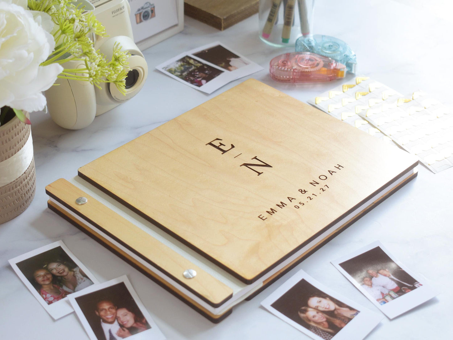 Personalized Engraved Wooden Wedding Guest Book, Polaroid Photo Album