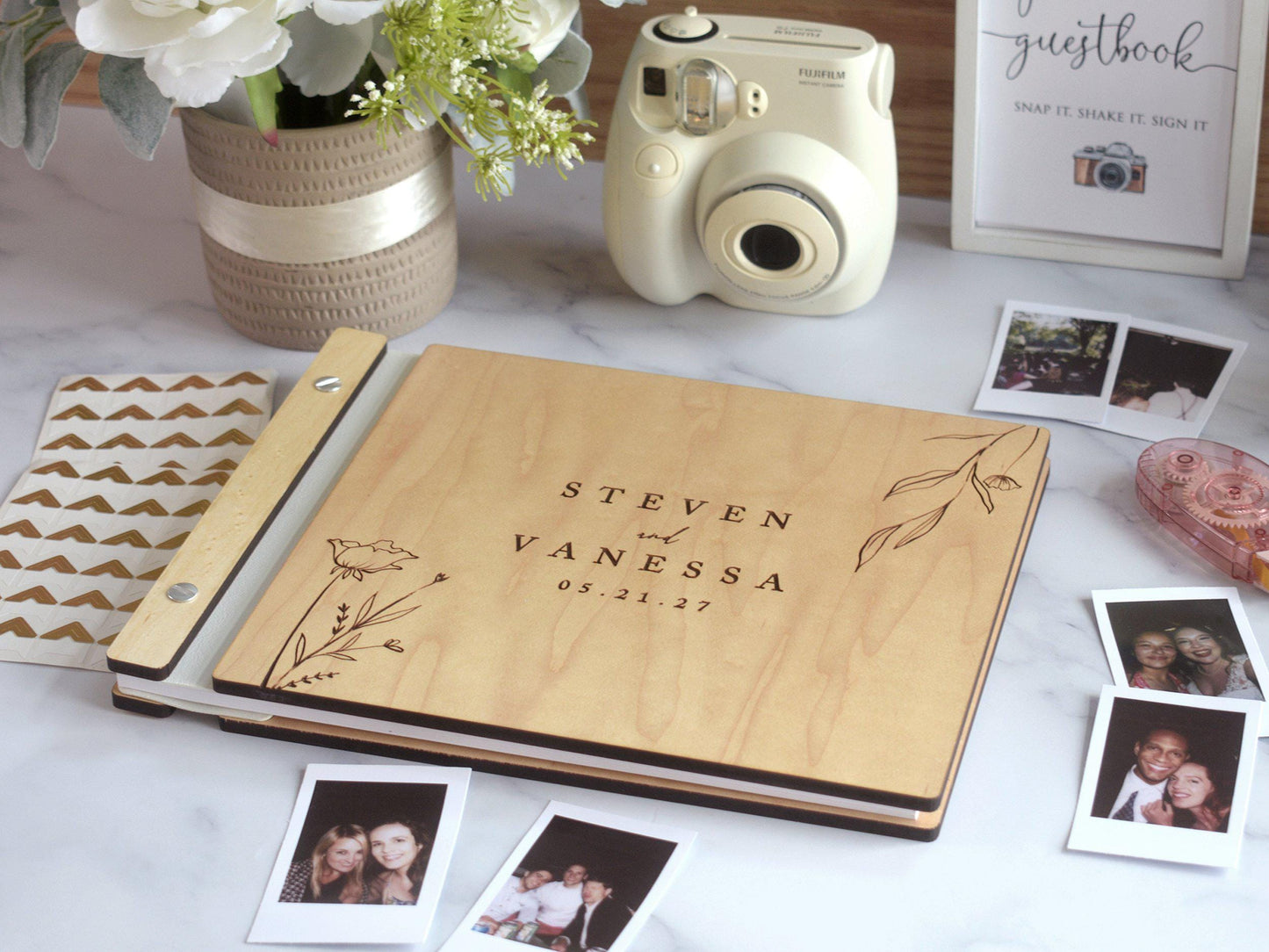 Minimal Floral Wedding Guest Book, Custom Wooden Wedding Album, Polaroid Photo Guestbook, Wedding and Engagement Gift