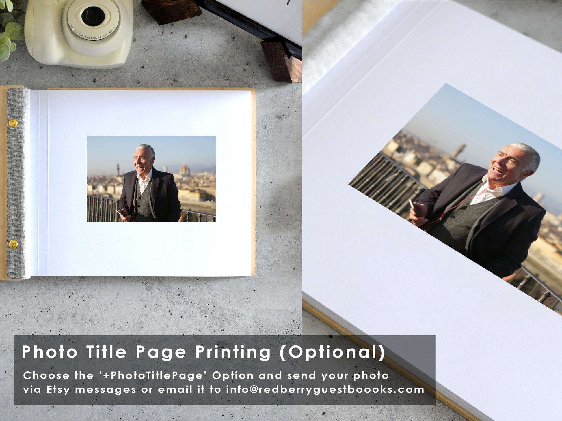 a photo album with two printed photos of a man smiling, placed on a concrete surface.