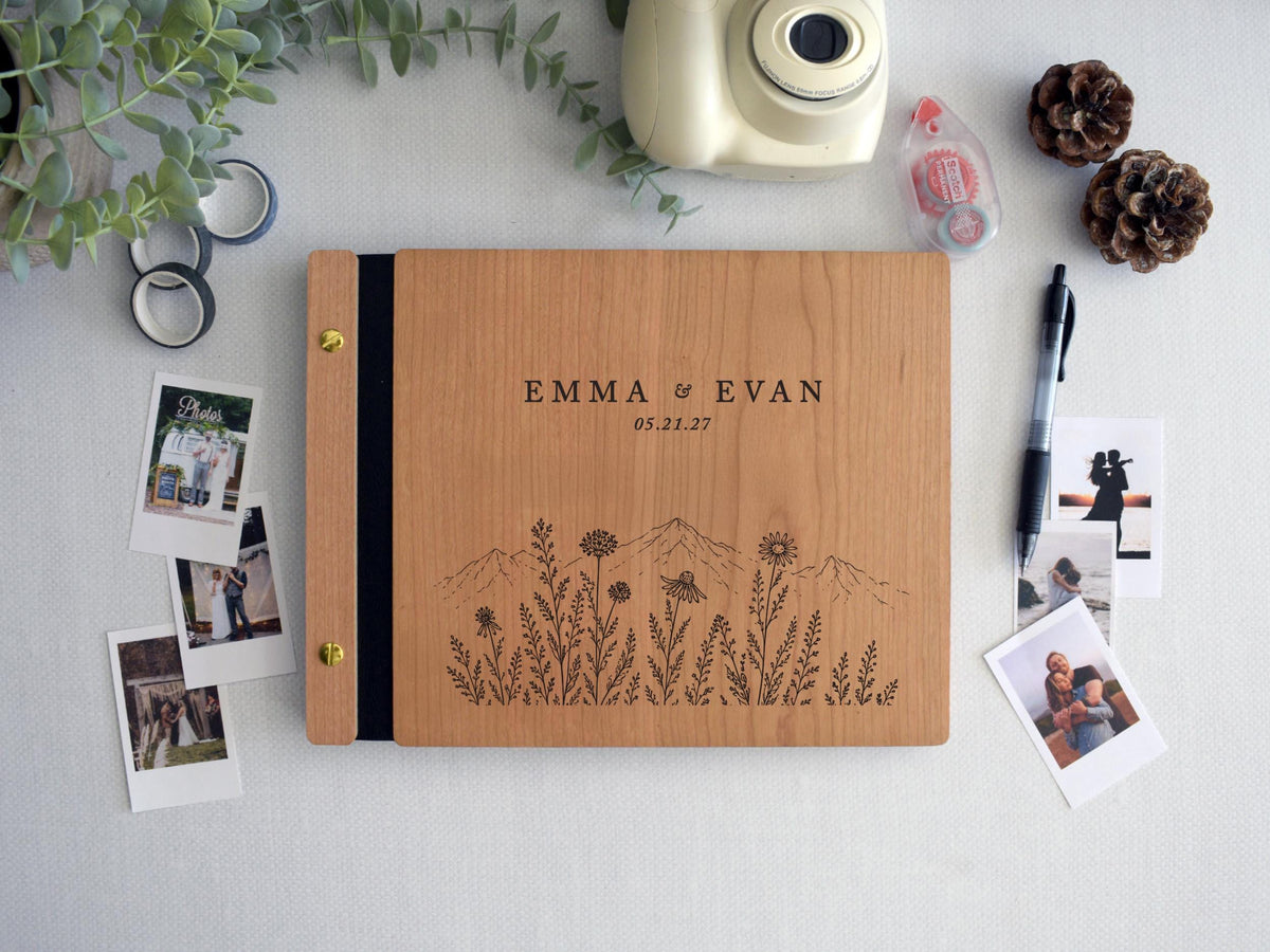 Wildflower Mountain Wedding Guest Book, Personalized Engraved Wooden GuestBook, Rustic Wedding Album, Polaroid Photo Guestbook