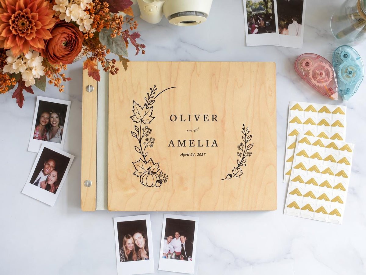 Elegant Fall Wedding Guest Book - Personalized Engraved Wooden Book, Polaroid Photo Album, Autumn Wedding Album